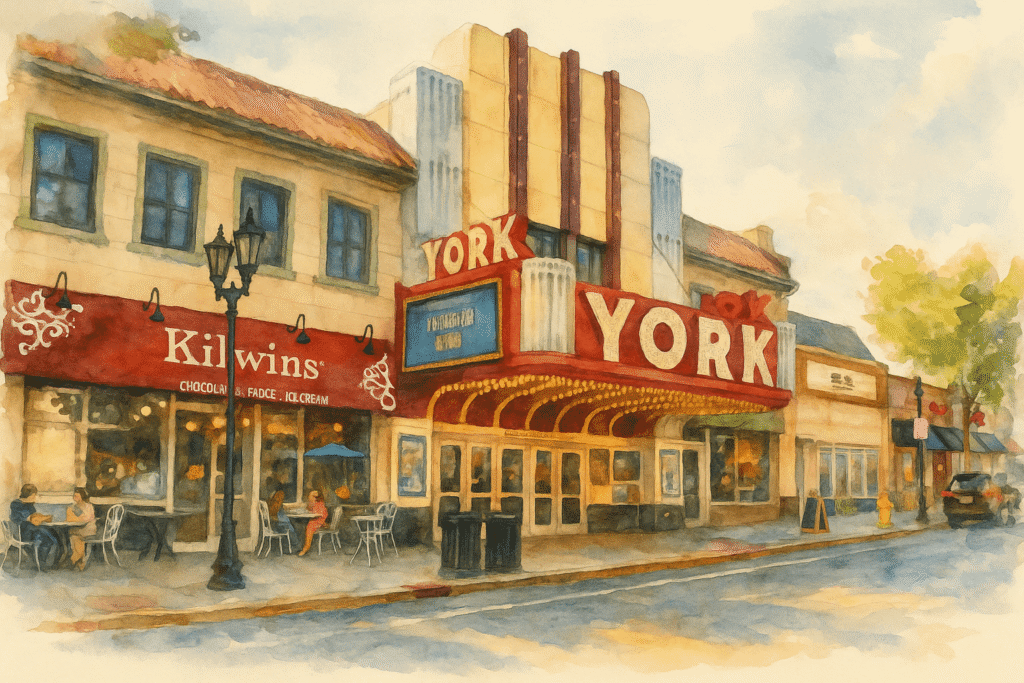 Watercolor painting of York Theatre in downtown Elmhurst IL with nearby shops and pedestrians