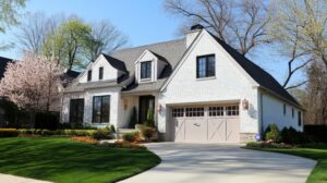 Beautiful white brick home in Elmhurst IL with spring landscaping and cherry blossom tree