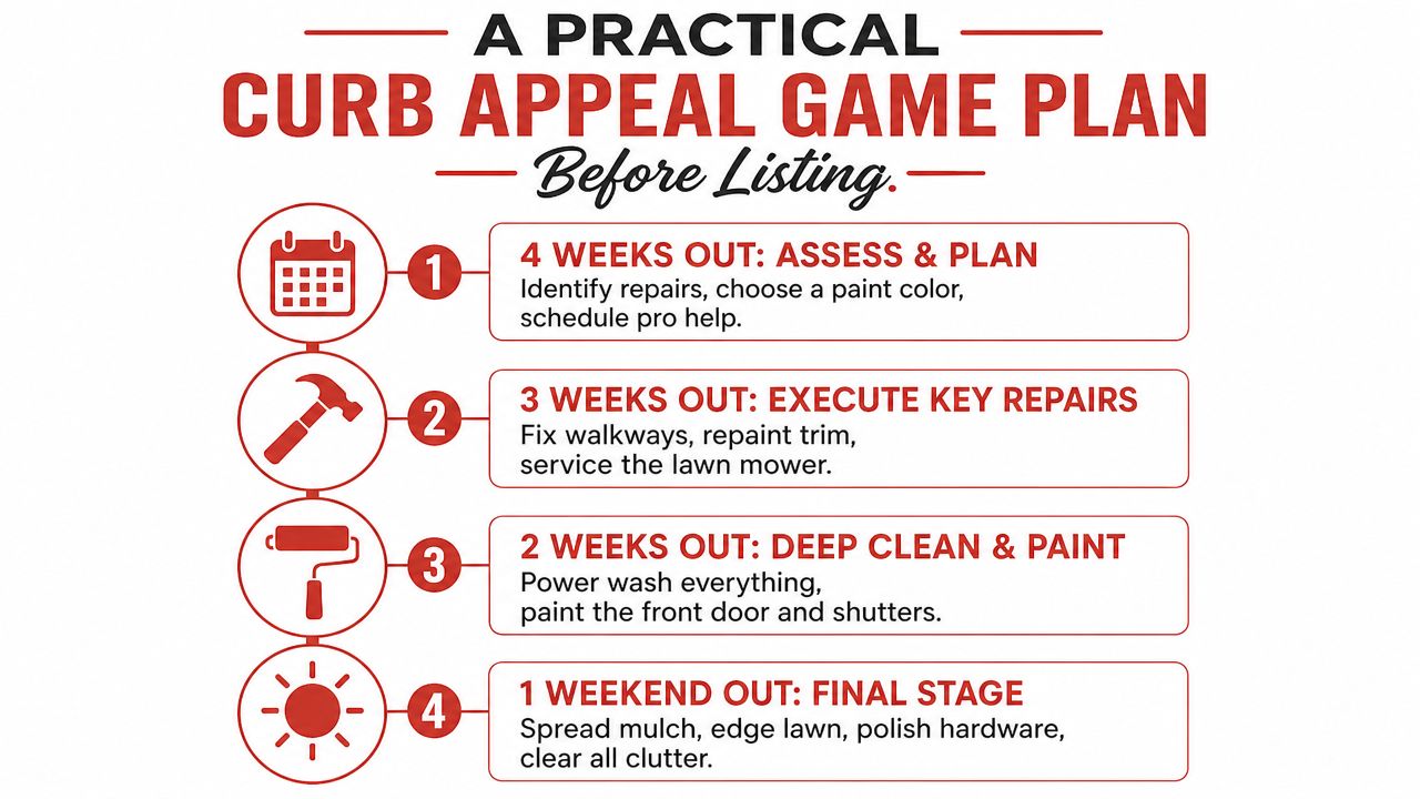A four-step infographic providing a practical curb appeal game plan to prepare a home for listing.