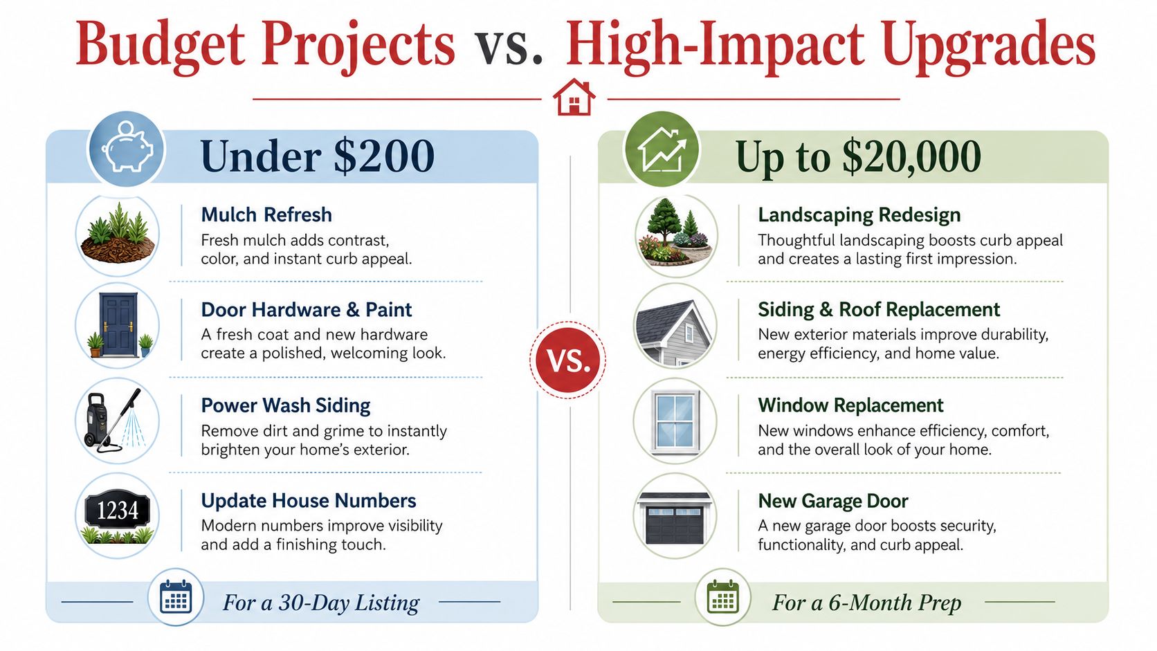 An infographic comparing budget-friendly and high-impact home improvement projects to increase property curb appeal.