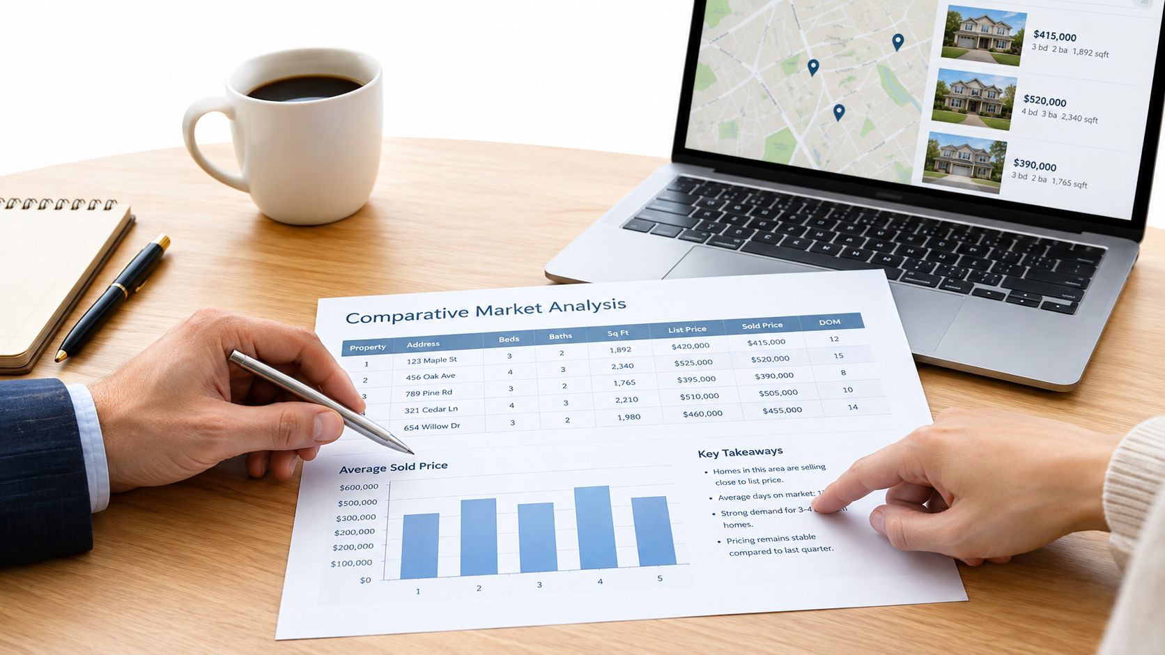 A professional analyzing a real estate comparative market analysis report with charts and property data on a desk.