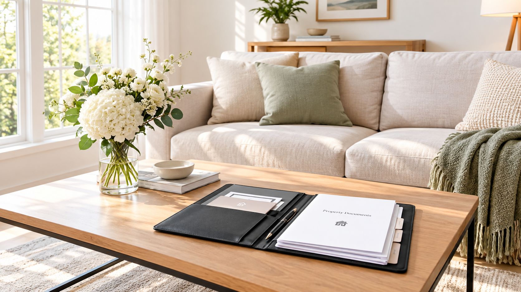 A leather document folder labeled Property Documents rests on a wooden coffee table in a bright, modern living room.