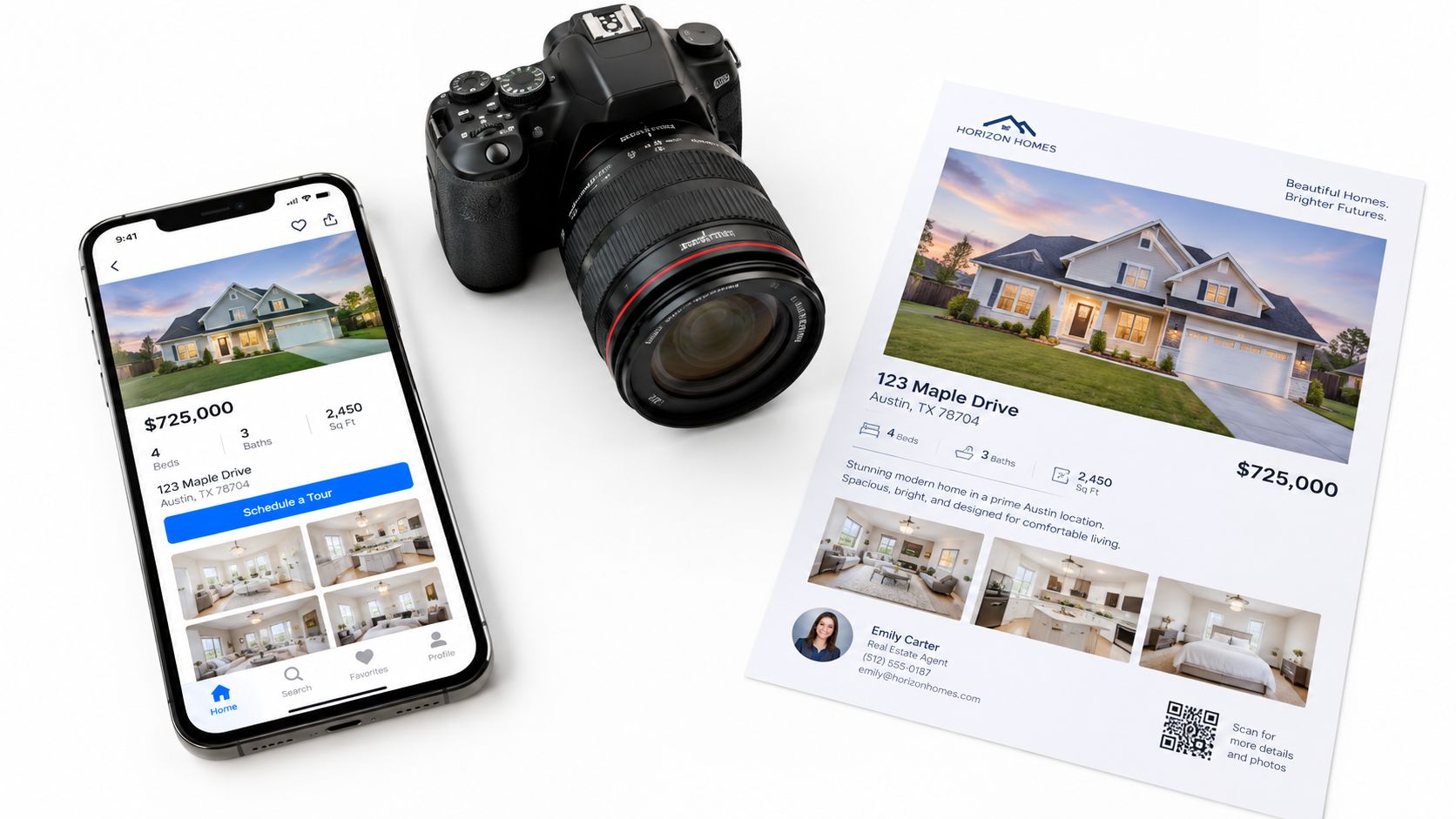 A smartphone displaying a real estate app, a DSLR camera, and a property flyer on a white surface.