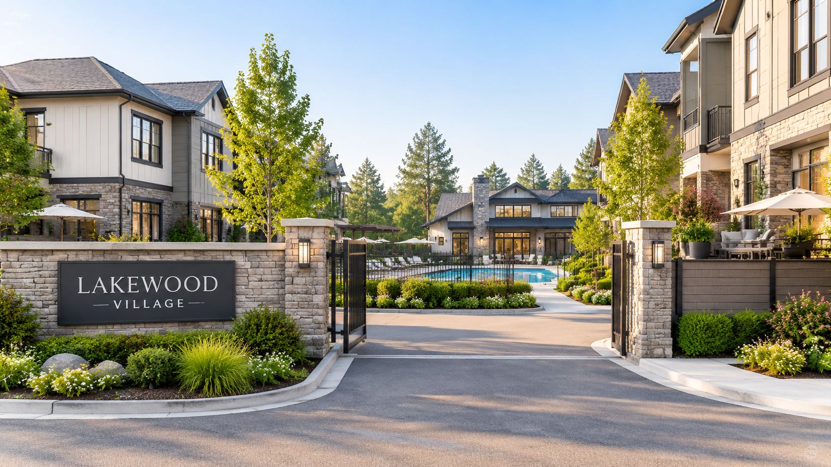 Entrance to Lakewood Village apartment complex featuring a stone sign, swimming pool, and modern residential buildings.
