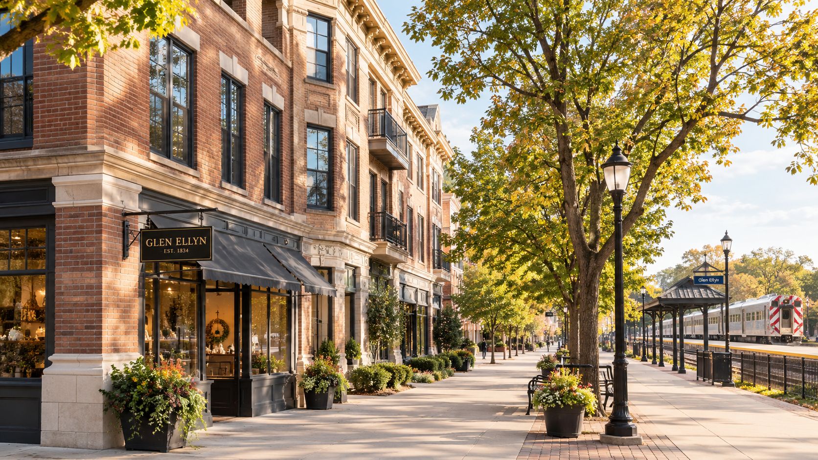 A scenic autumn day in downtown Glen Ellyn, Illinois, featuring historic brick storefronts and a commuter train station.
