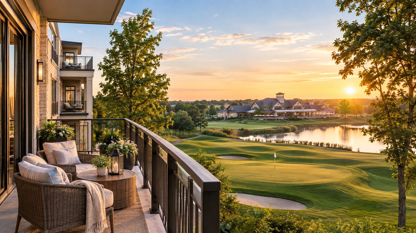 A luxurious balcony terrace overlooking a scenic golf course at sunset with elegant outdoor furniture.