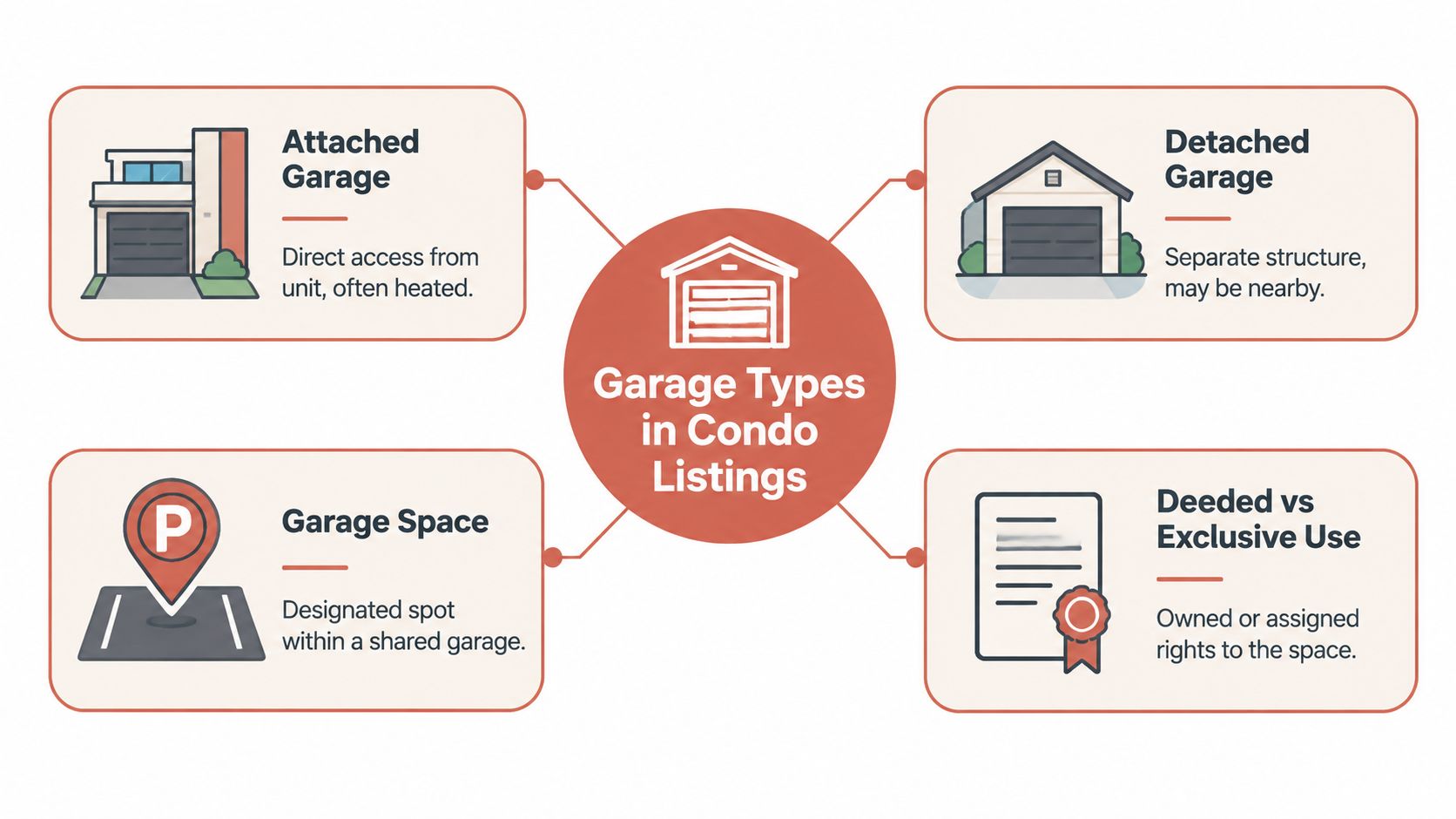 A visual guide explaining different types of parking garages available for condo listings and home buyers.