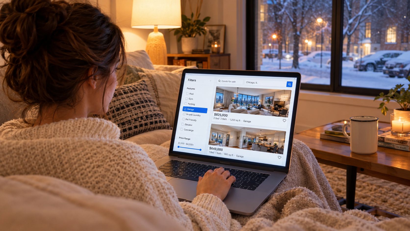 A woman relaxes on a cozy sofa while searching for Chicago condos for sale on her laptop.