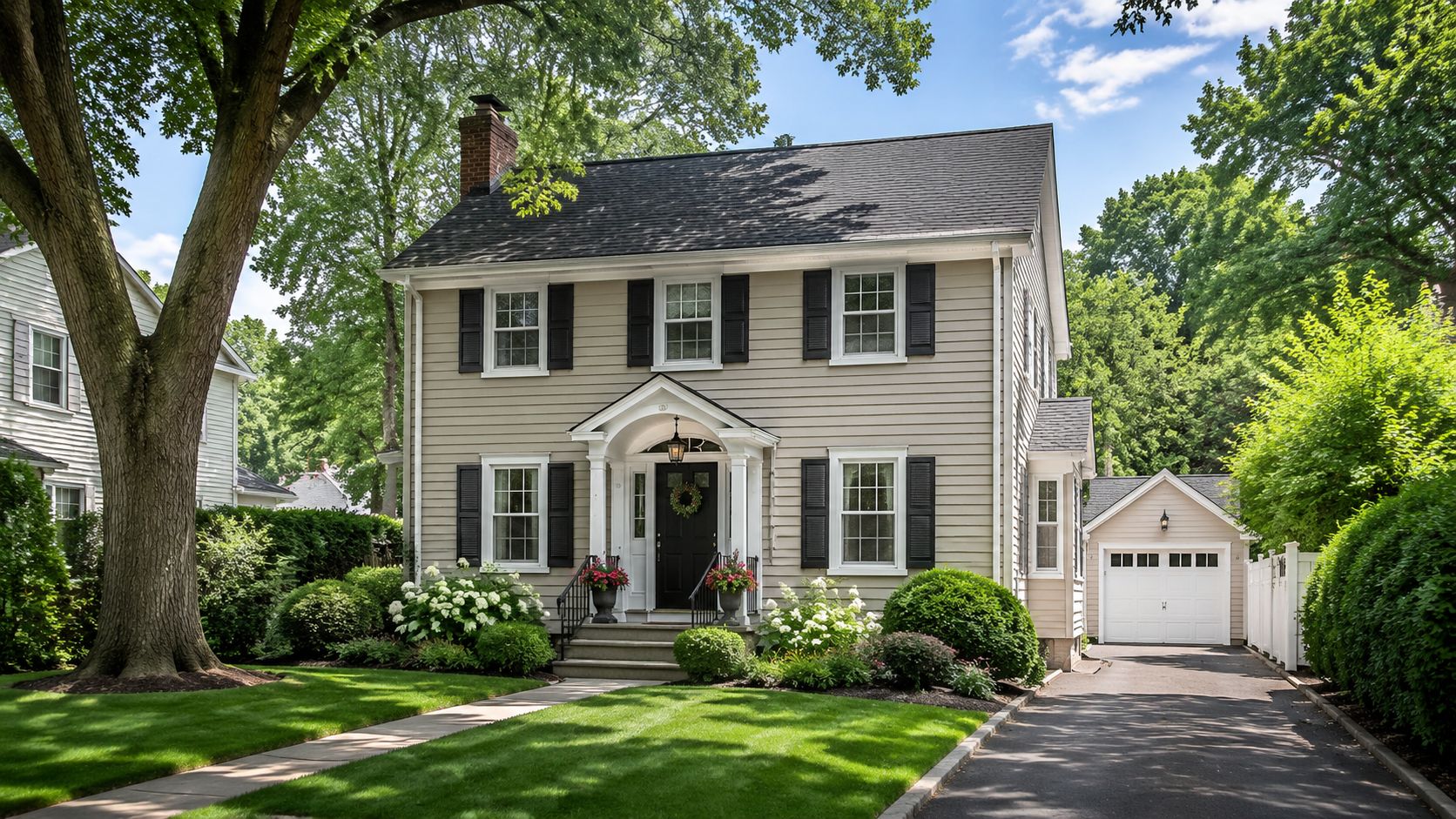 A charming two-story suburban house with tan siding, black shutters, and a well-manicured lawn on a sunny day.