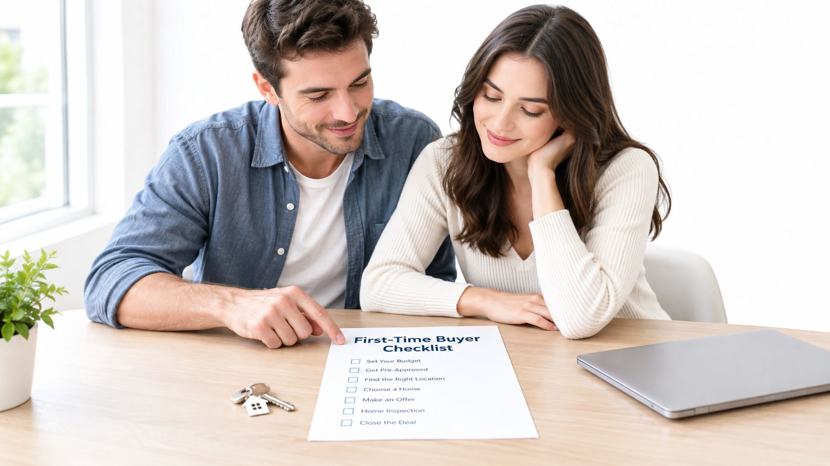 A smiling young couple reviews a first-time home buyer checklist at a wooden desk with house keys.