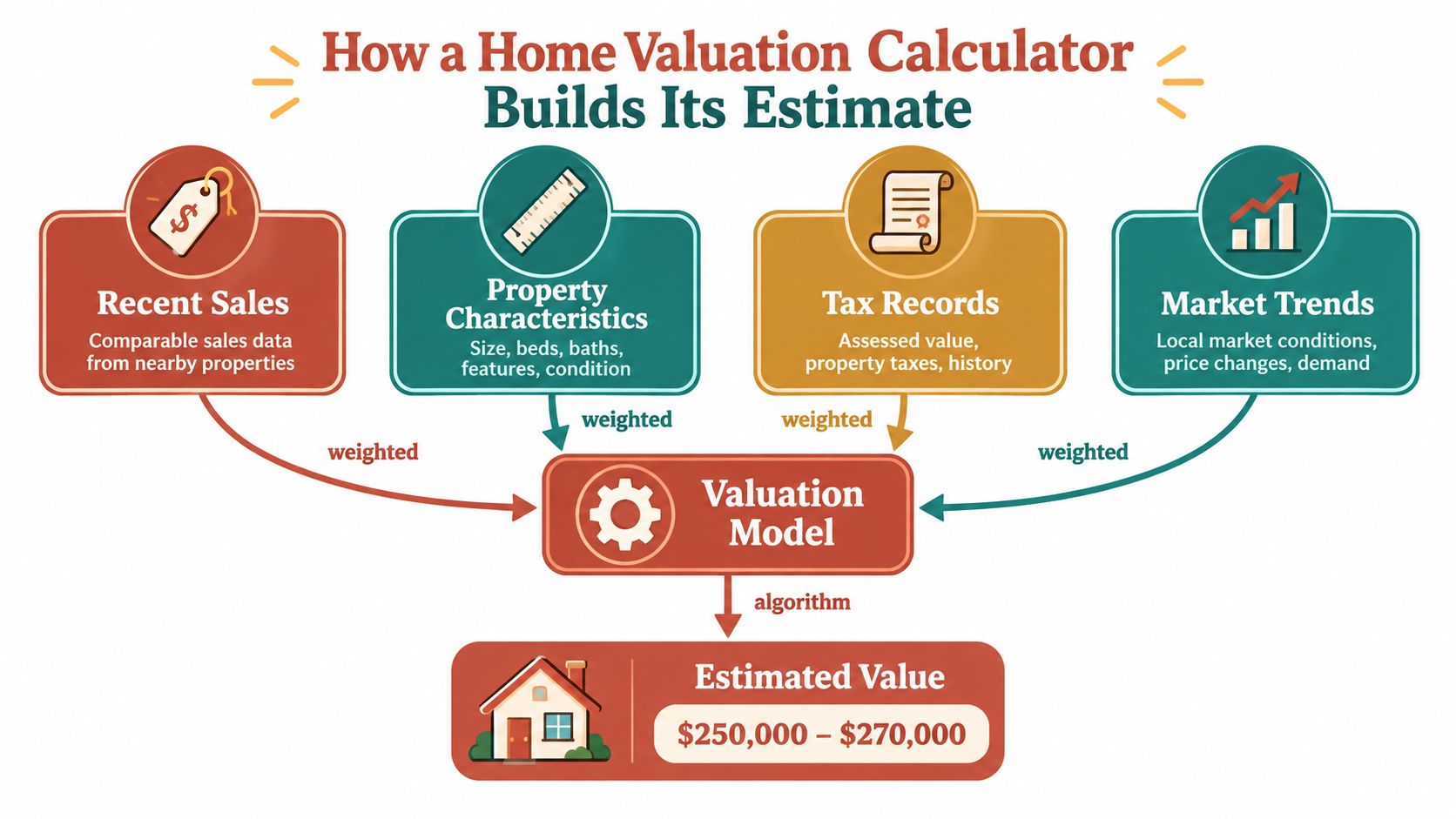 A diagram illustrating how a home valuation calculator determines property estimates using sales, characteristics, taxes, and trends.