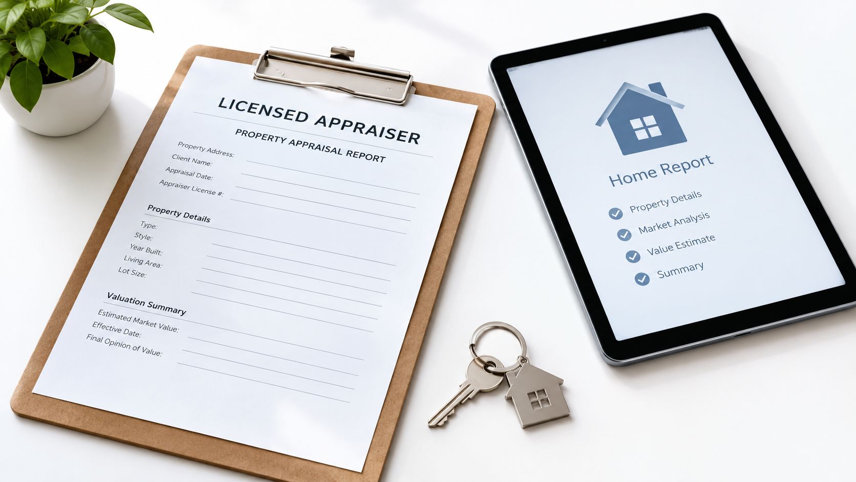 A clipboard with a property appraisal report, a tablet displaying home report data, and house keys.
