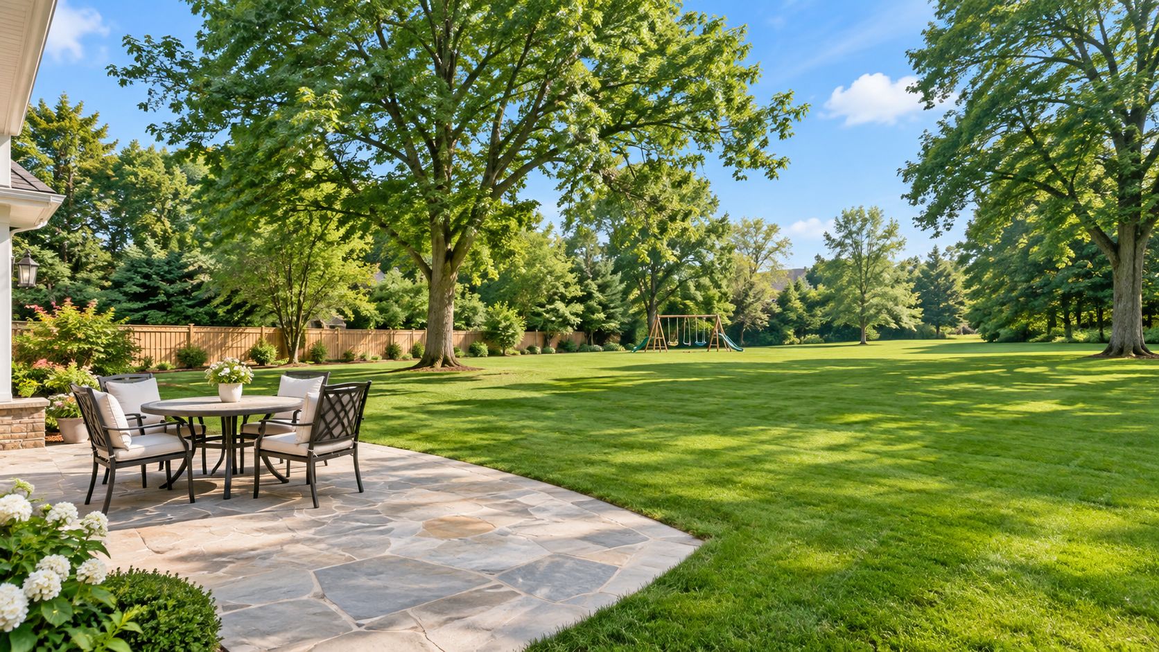 A serene patio with outdoor furniture overlooking a large, lush green backyard and mature trees.
