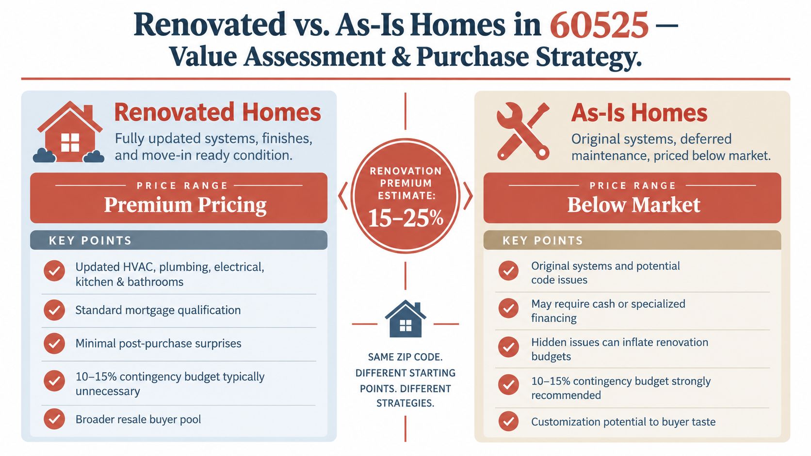 A comparison infographic showing the pros and cons of buying renovated versus as-is homes in 60525.