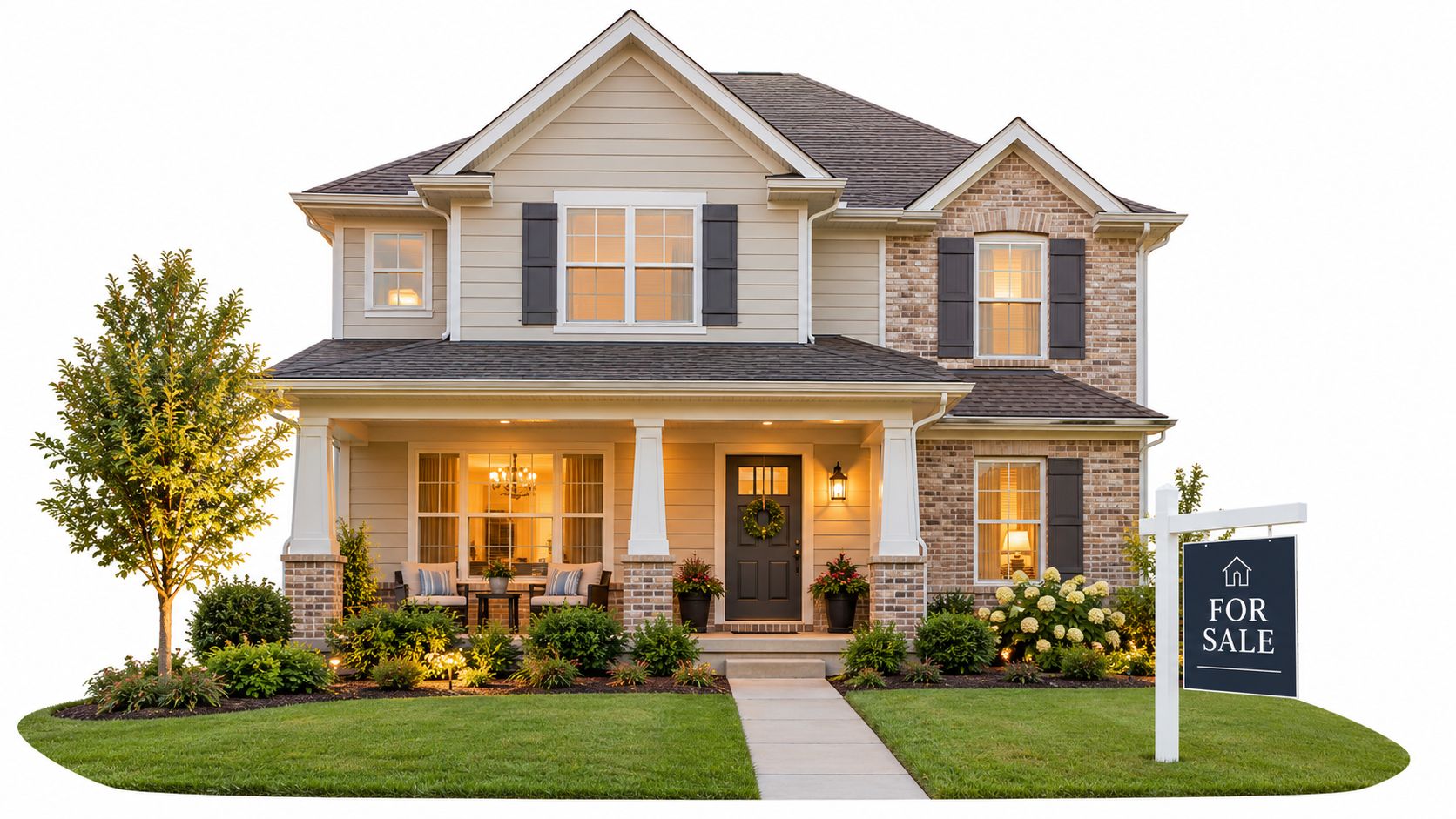 A charming two-story suburban home with a front porch, neat landscaping, and a for sale sign.