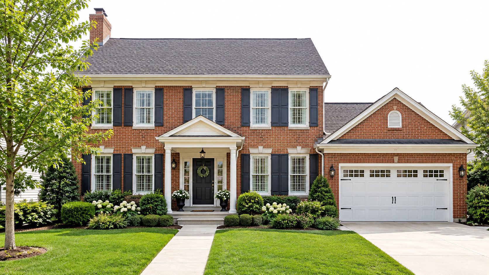 A classic two-story colonial style brick home with white trim, dark shutters, and a well-manicured lawn.