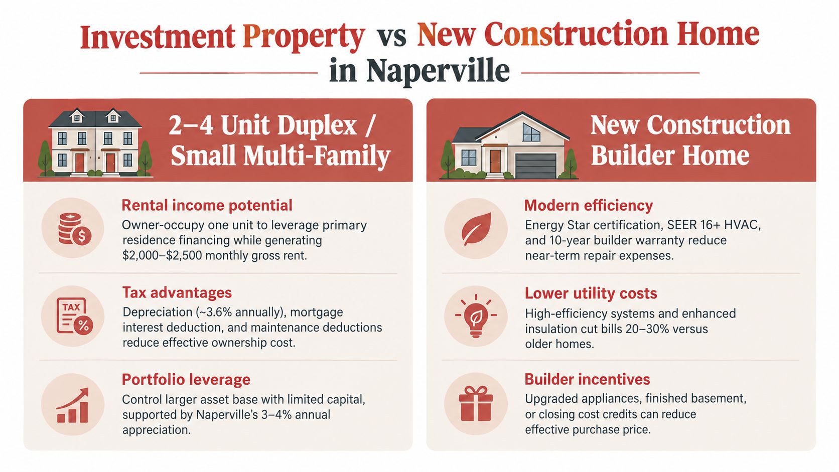A comparison chart outlining the pros and cons of investment duplex properties versus new construction homes in Naperville.