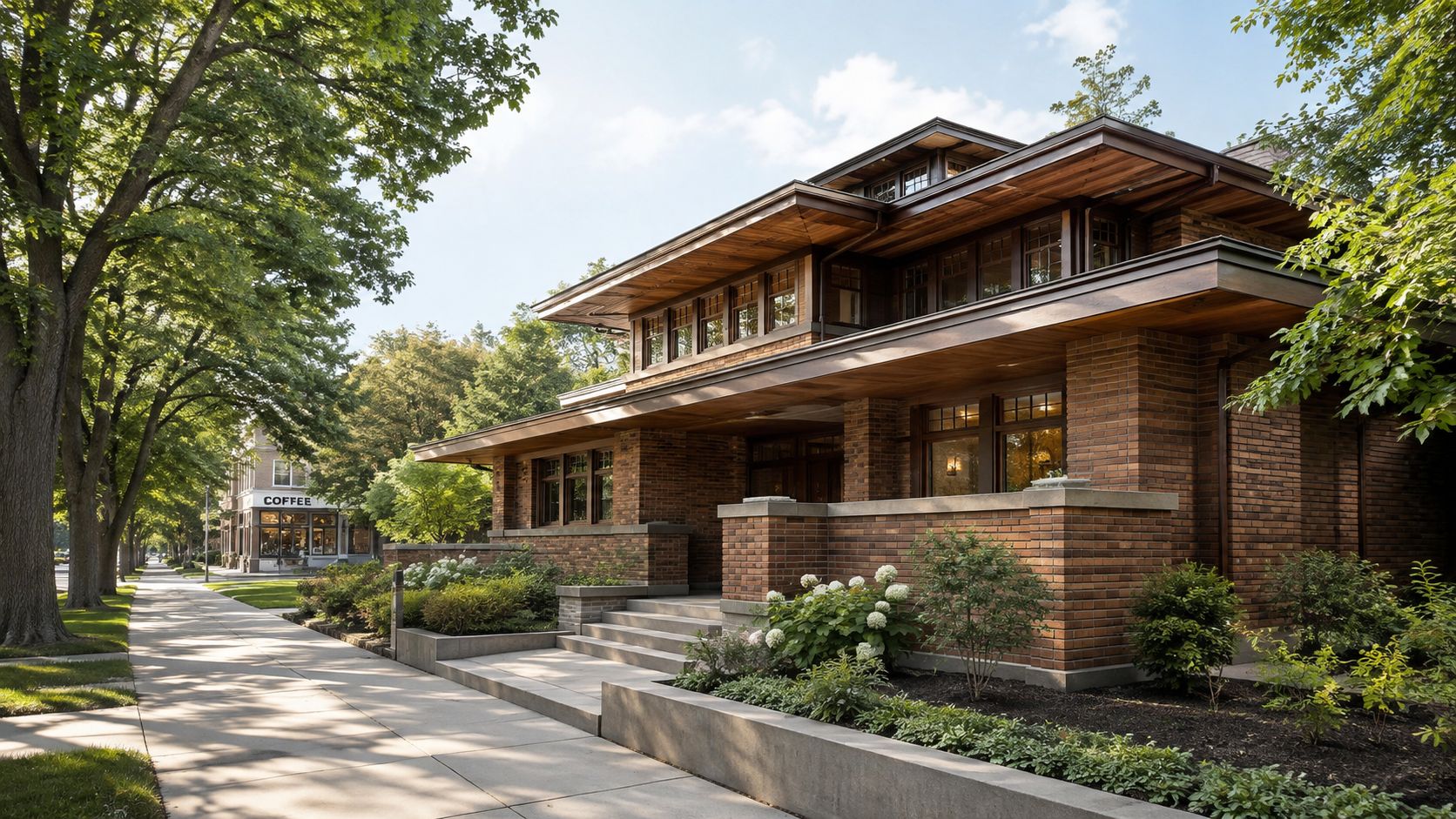 A historic Prairie-style brick house with deep overhanging eaves situated on a tree-lined residential street.
