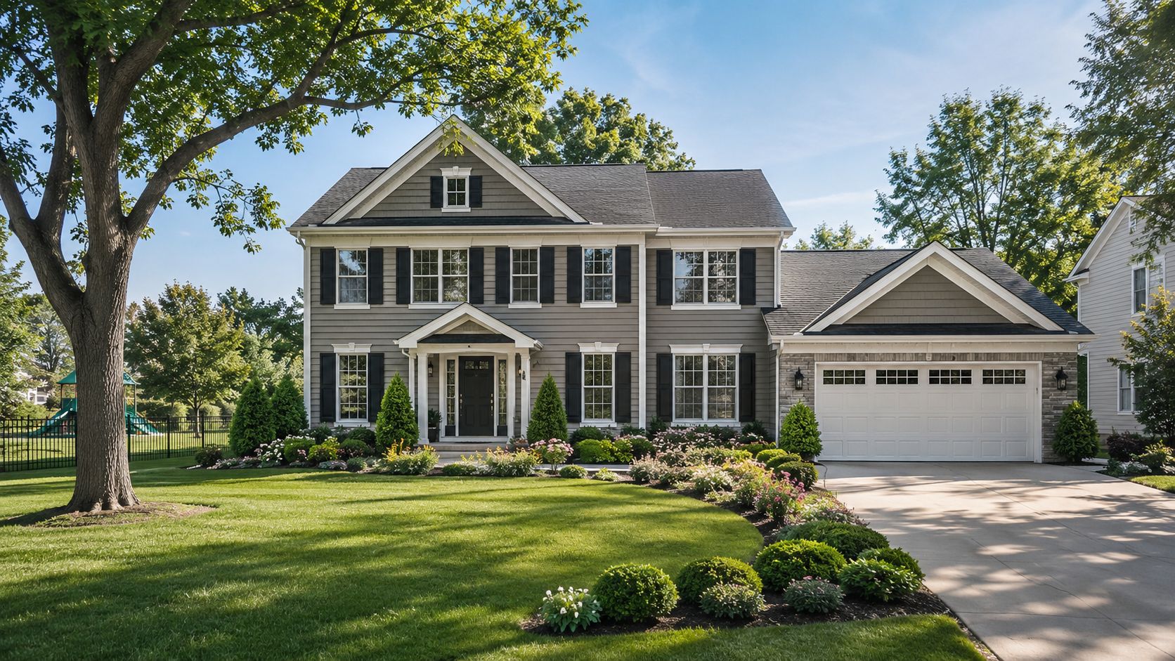 A charming two-story suburban home with gray siding, a white garage, and a lush green front lawn.