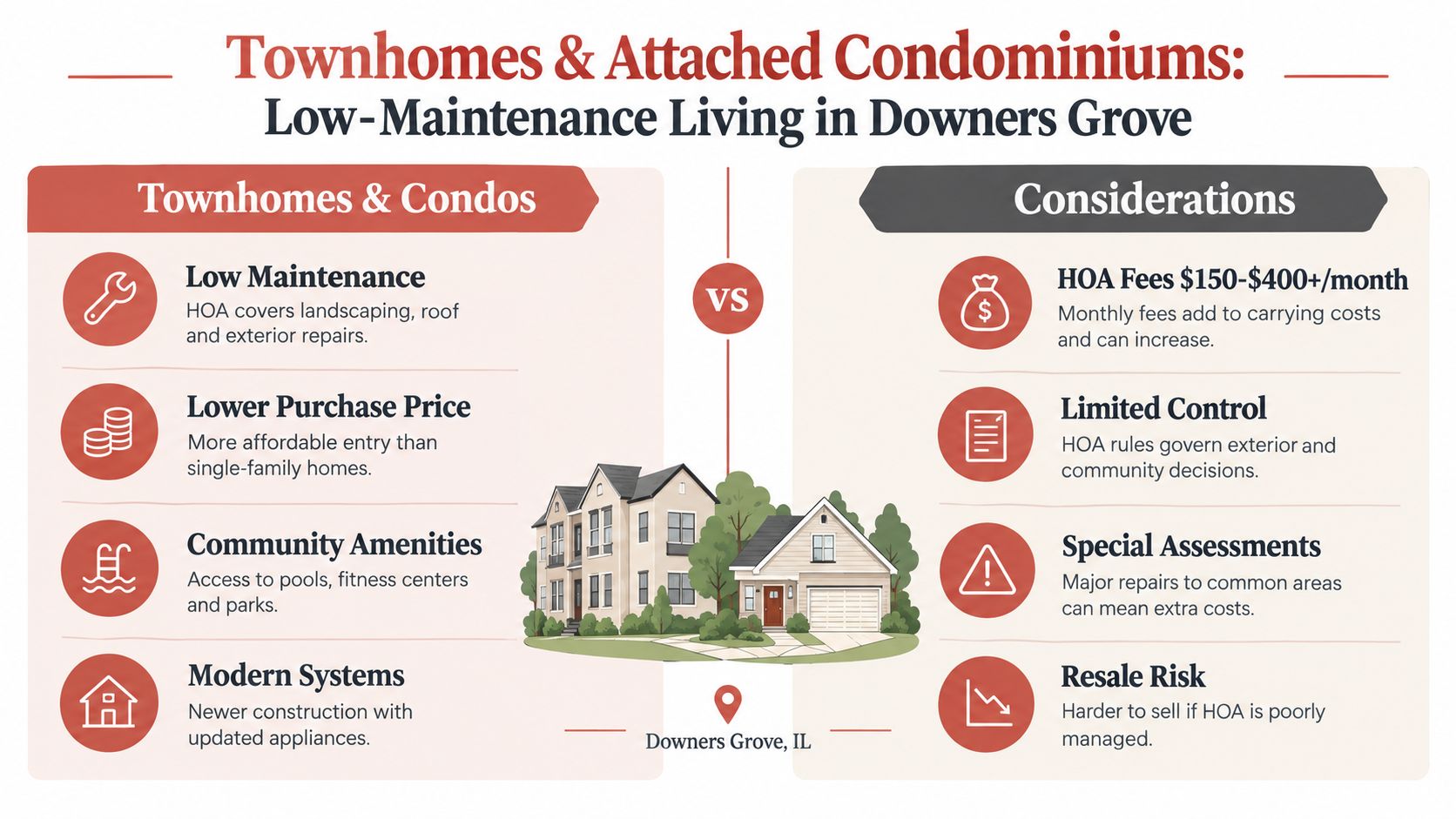 An infographic comparing pros and cons of townhomes and condominiums in Downers Grove, Illinois.