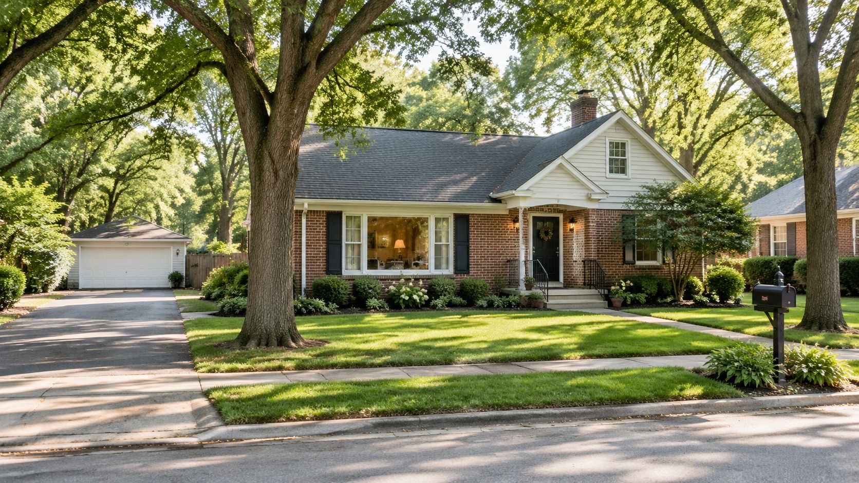 A charming single-family red brick home with a white garage surrounded by lush green trees in suburbia.