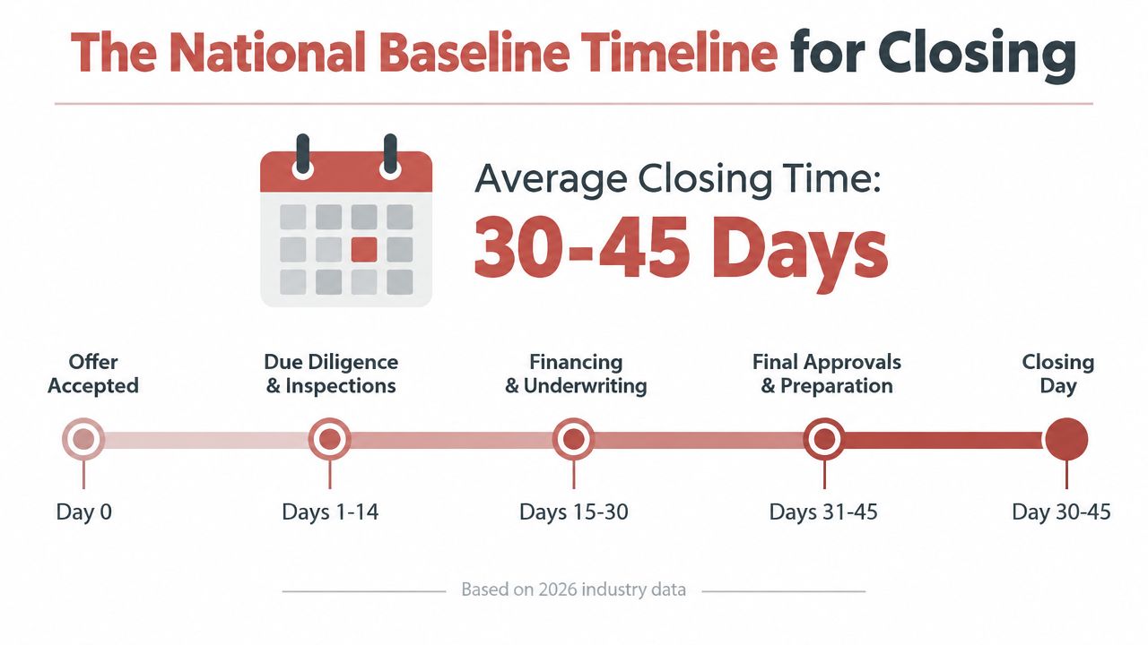 A timeline graphic showing the average real estate closing process taking between 30 and 45 days.