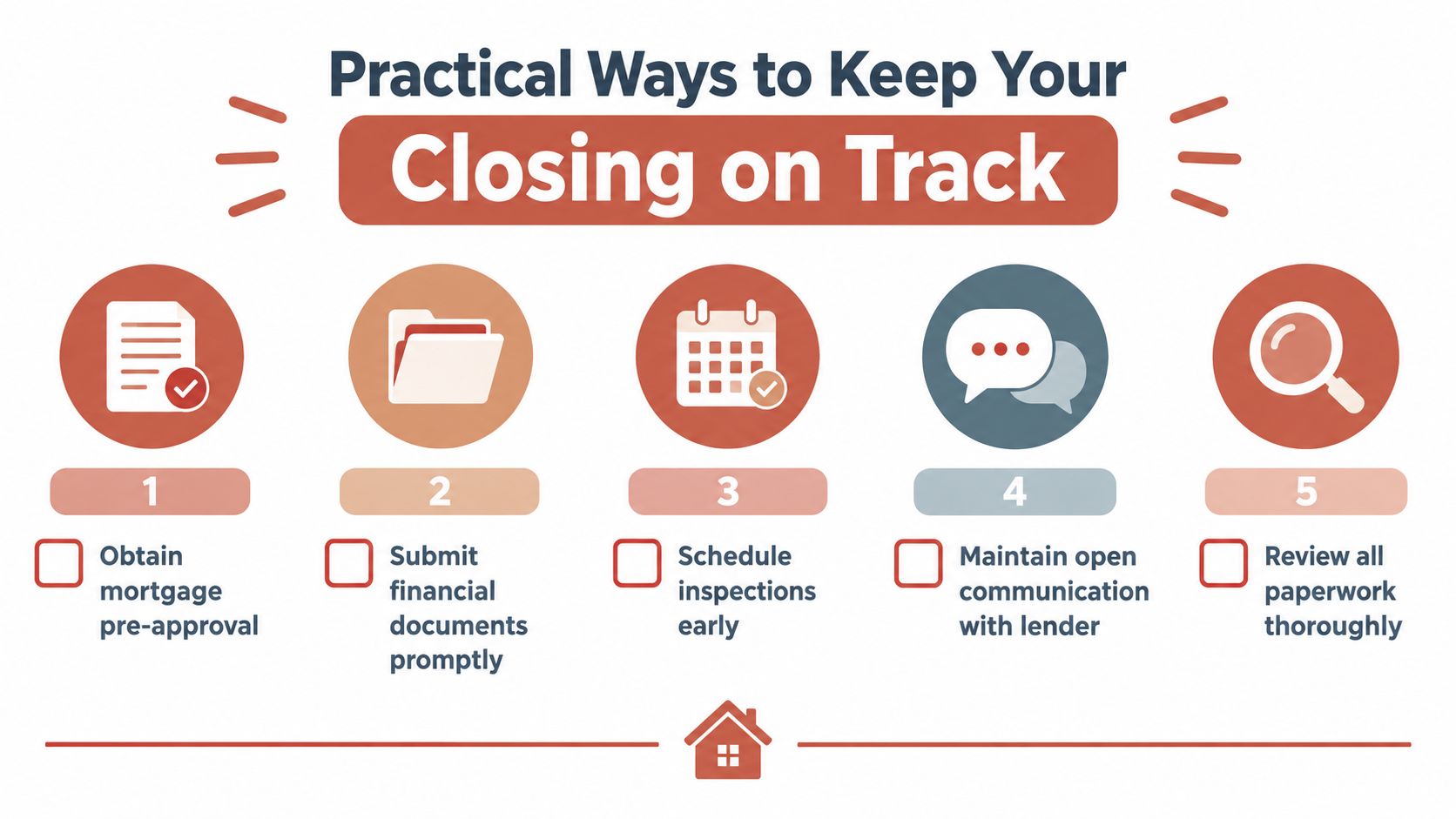 An infographic titled Practical Ways to Keep Your Closing on Track, listing five essential steps for home buyers.