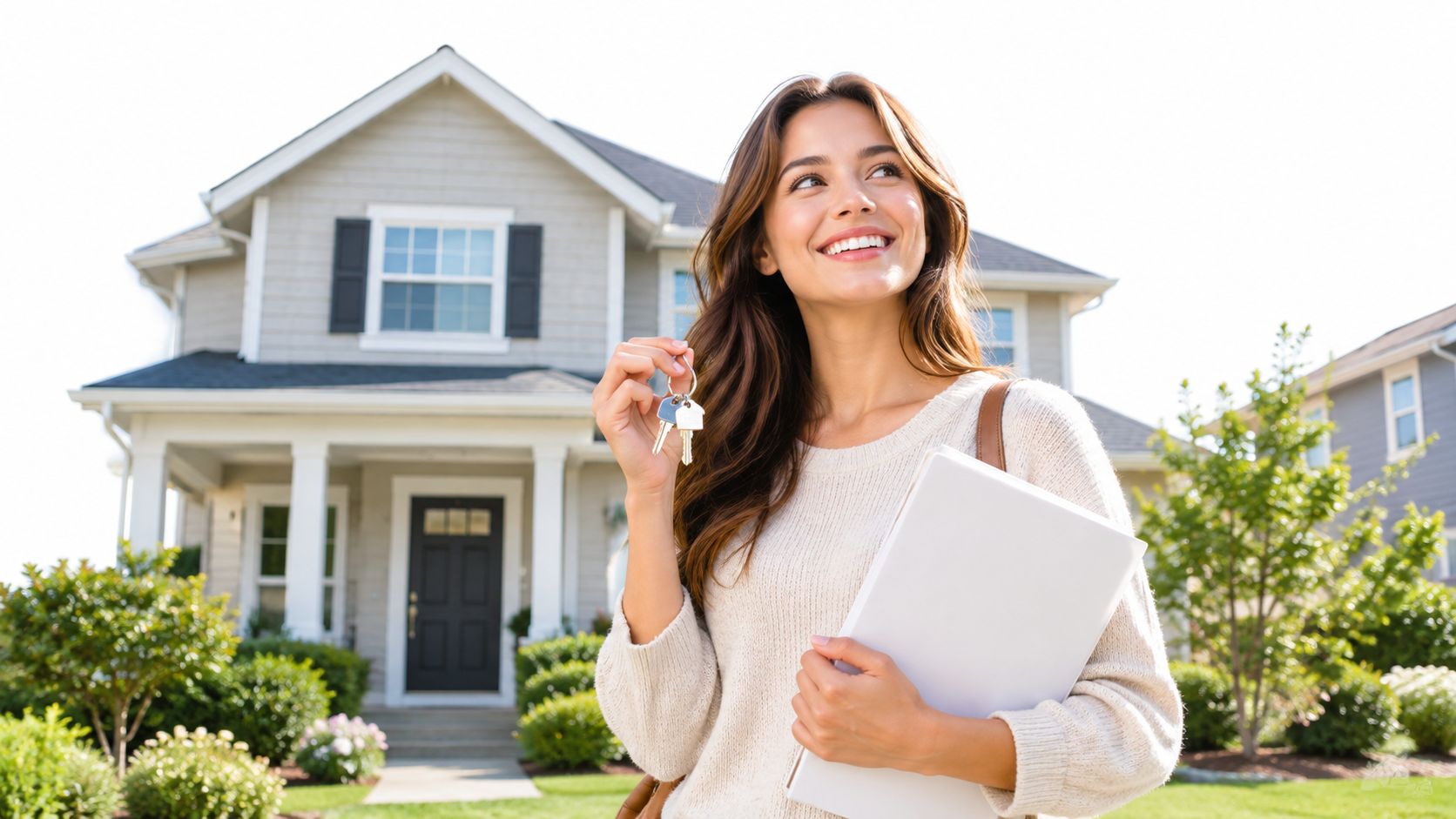 A smiling young woman holding house keys and a folder in front of a new suburban home.