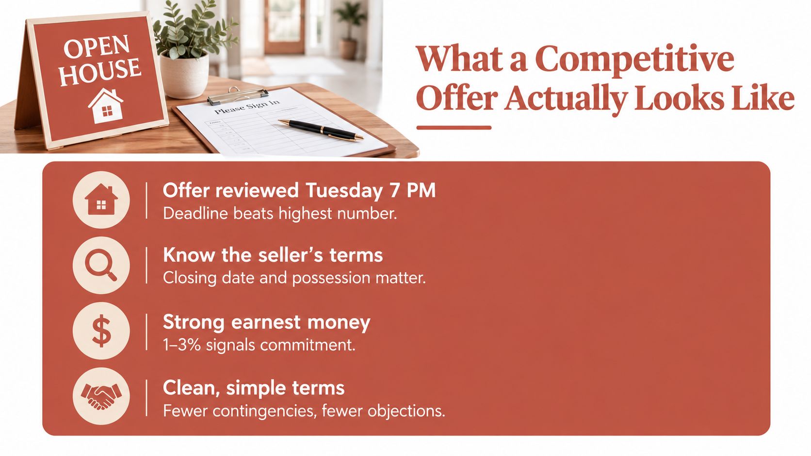 An infographic showing tips for submitting a competitive home buying offer to real estate sellers.