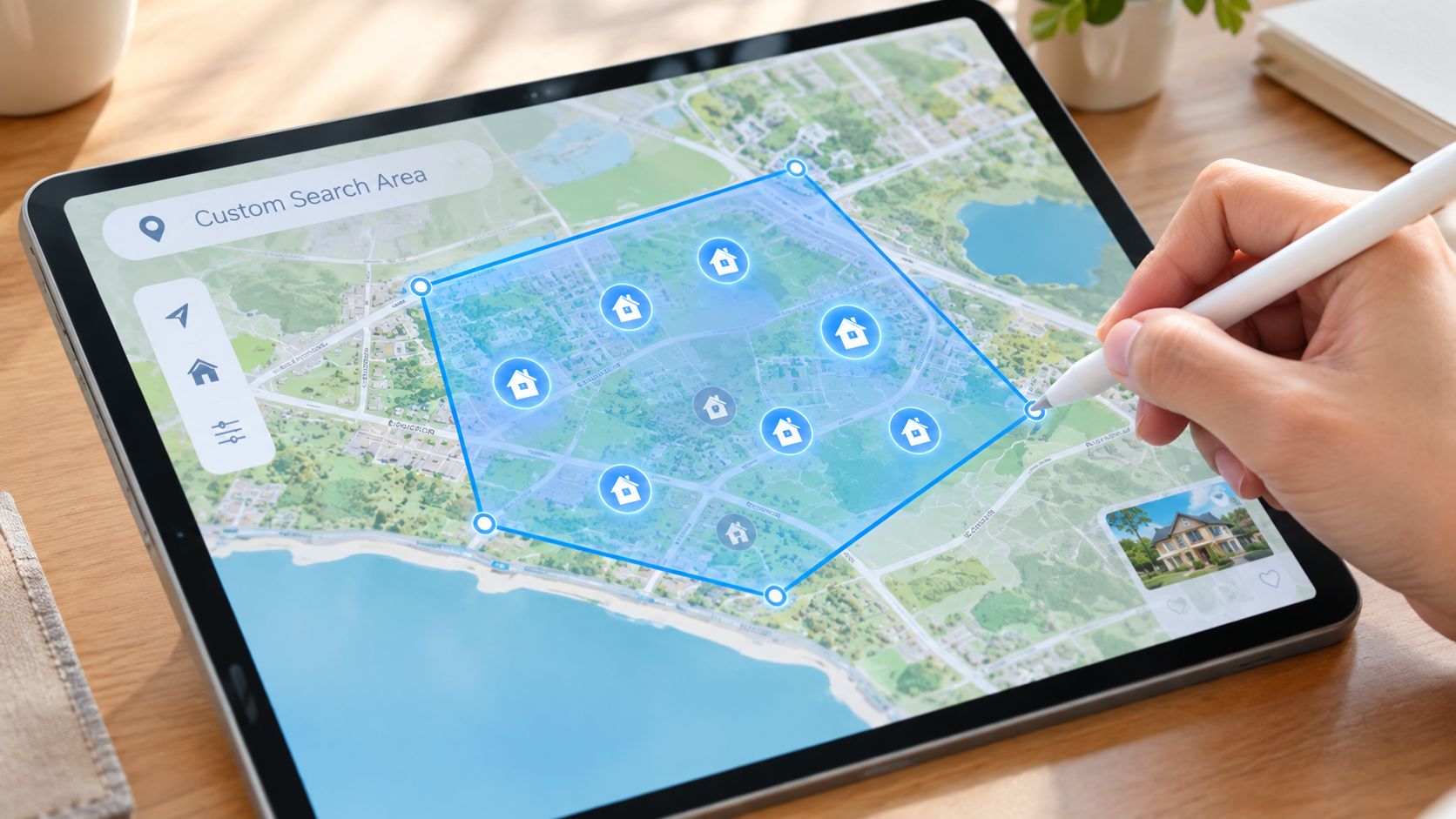 A person using a stylus on a tablet screen to draw a custom search area on a map.