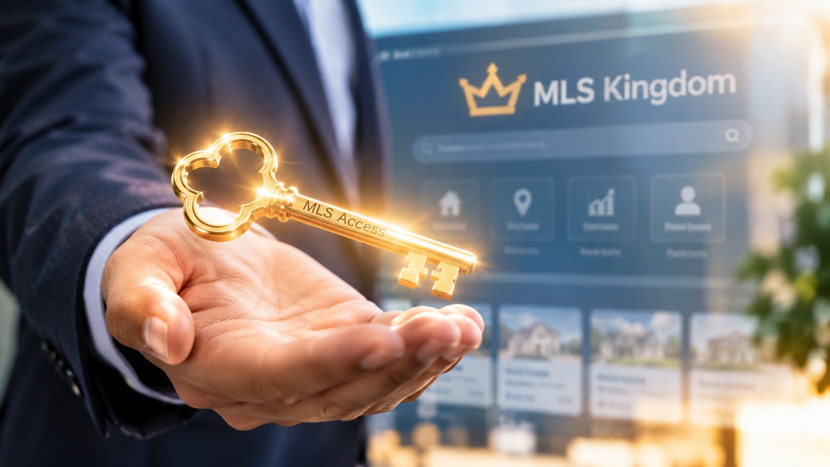 A professional in a suit holding a golden digital key representing access to MLS real estate listings.