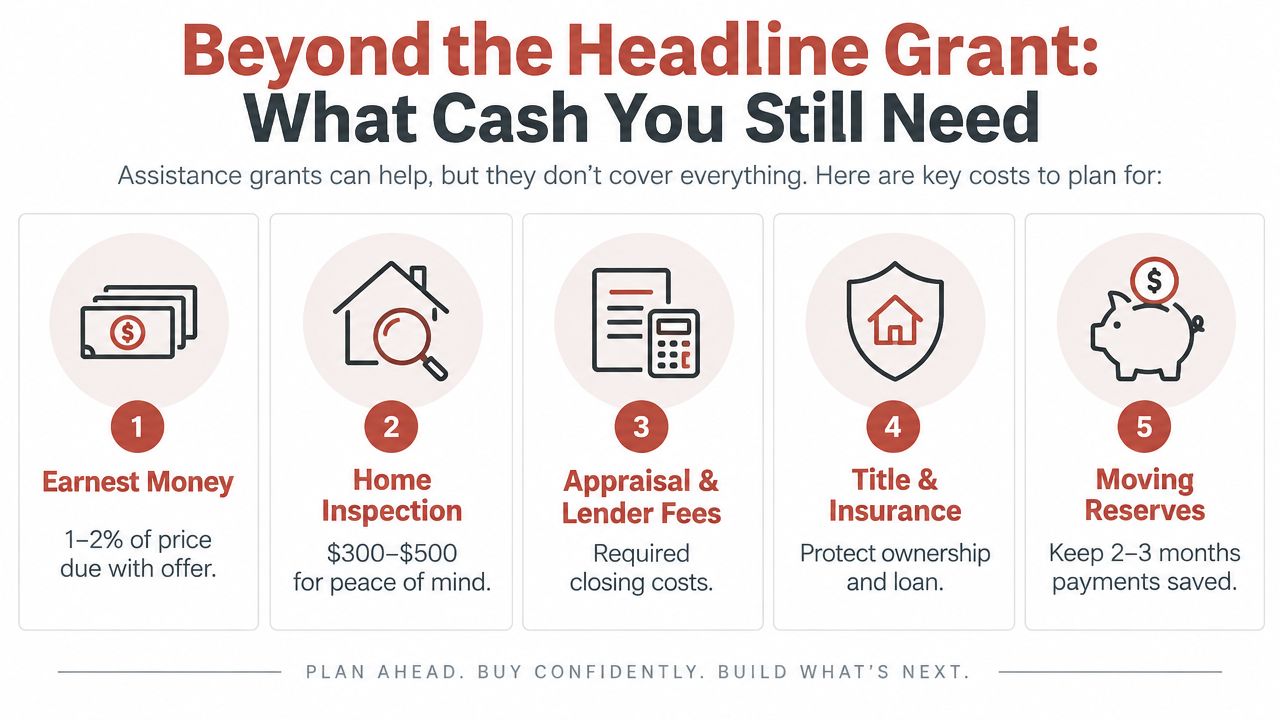 A financial infographic detailing five essential out-of-pocket costs for first-time home buyers beyond the grant.