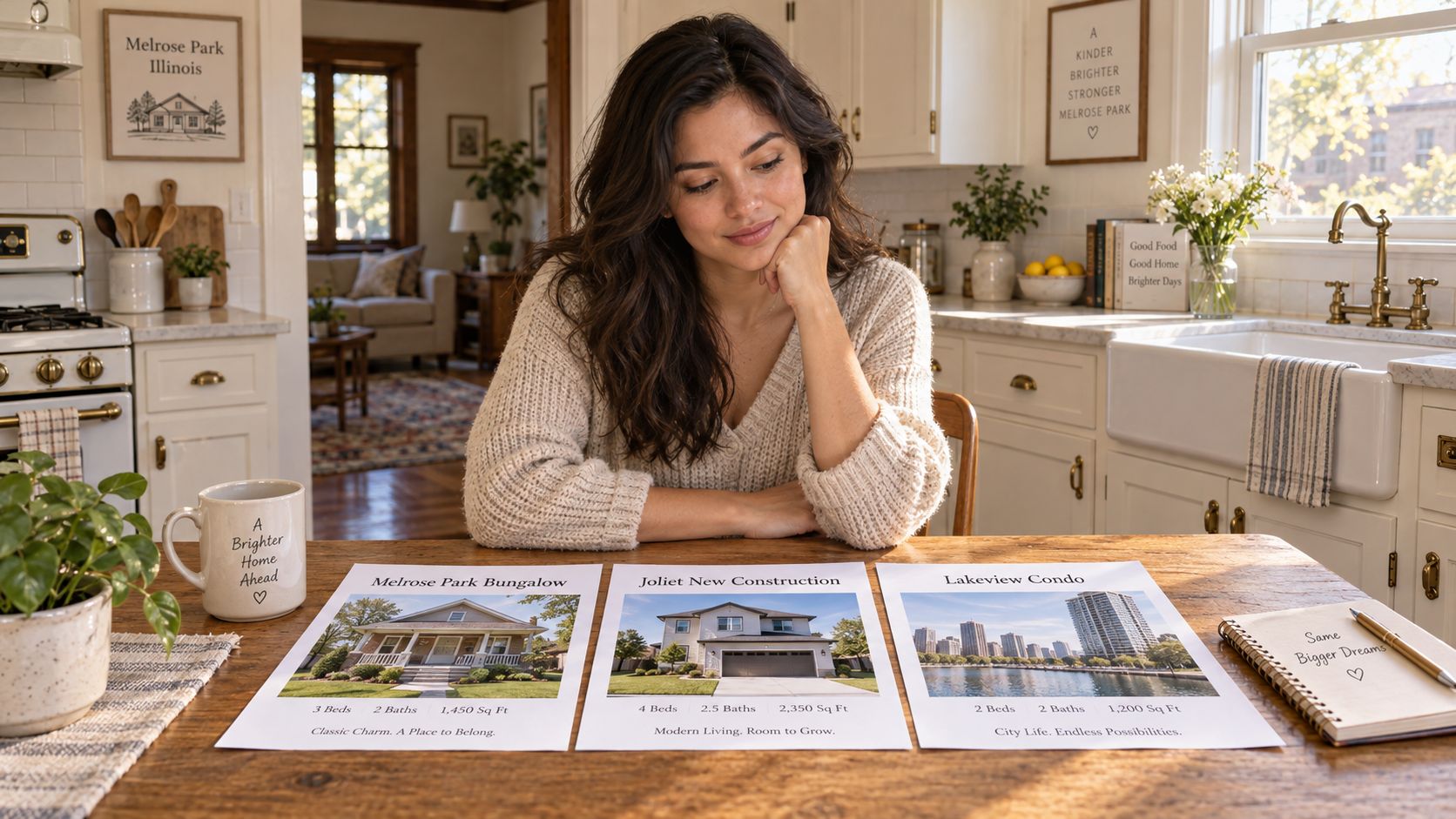 A woman looks at property listings on a kitchen table while considering her first home purchase options.