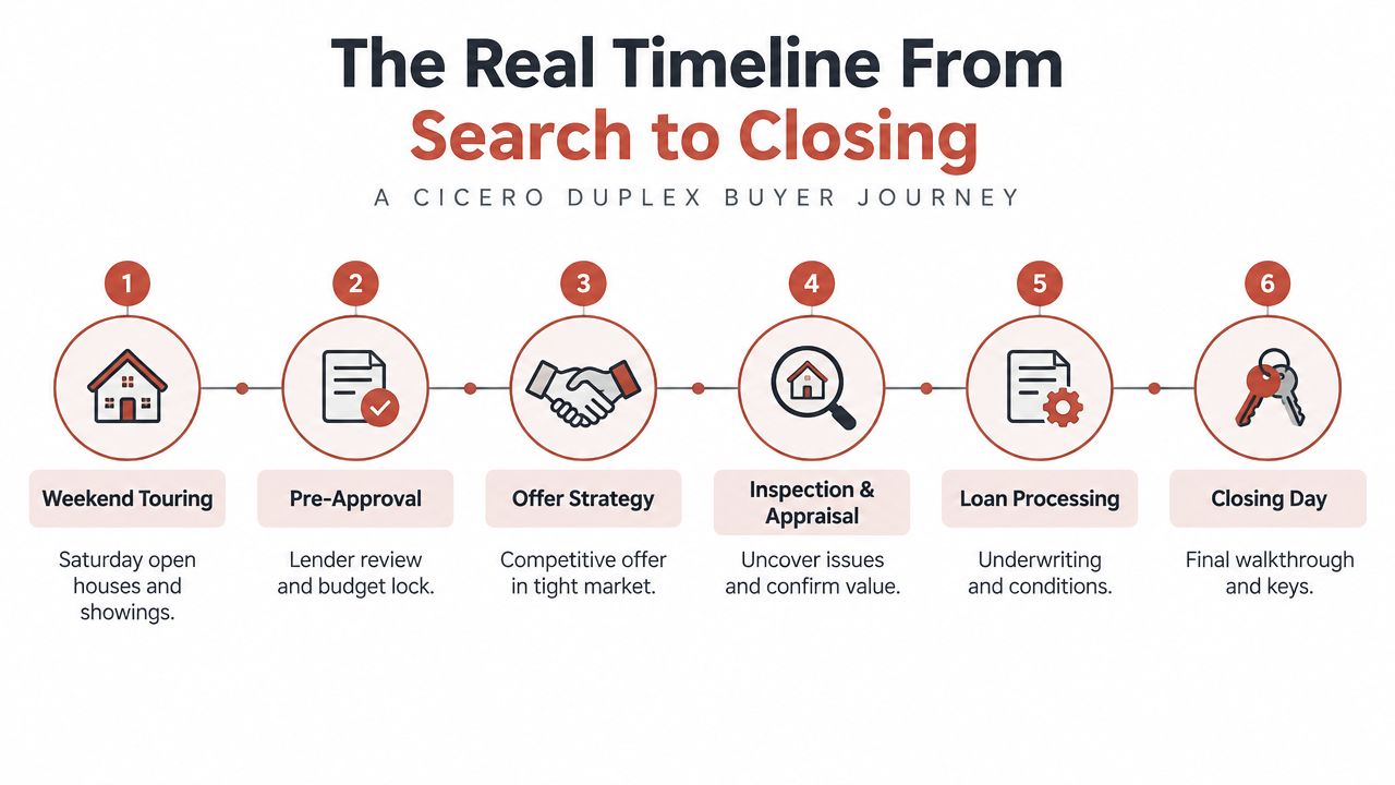 A six-step infographic showing the real estate buying journey from weekend touring to closing day.