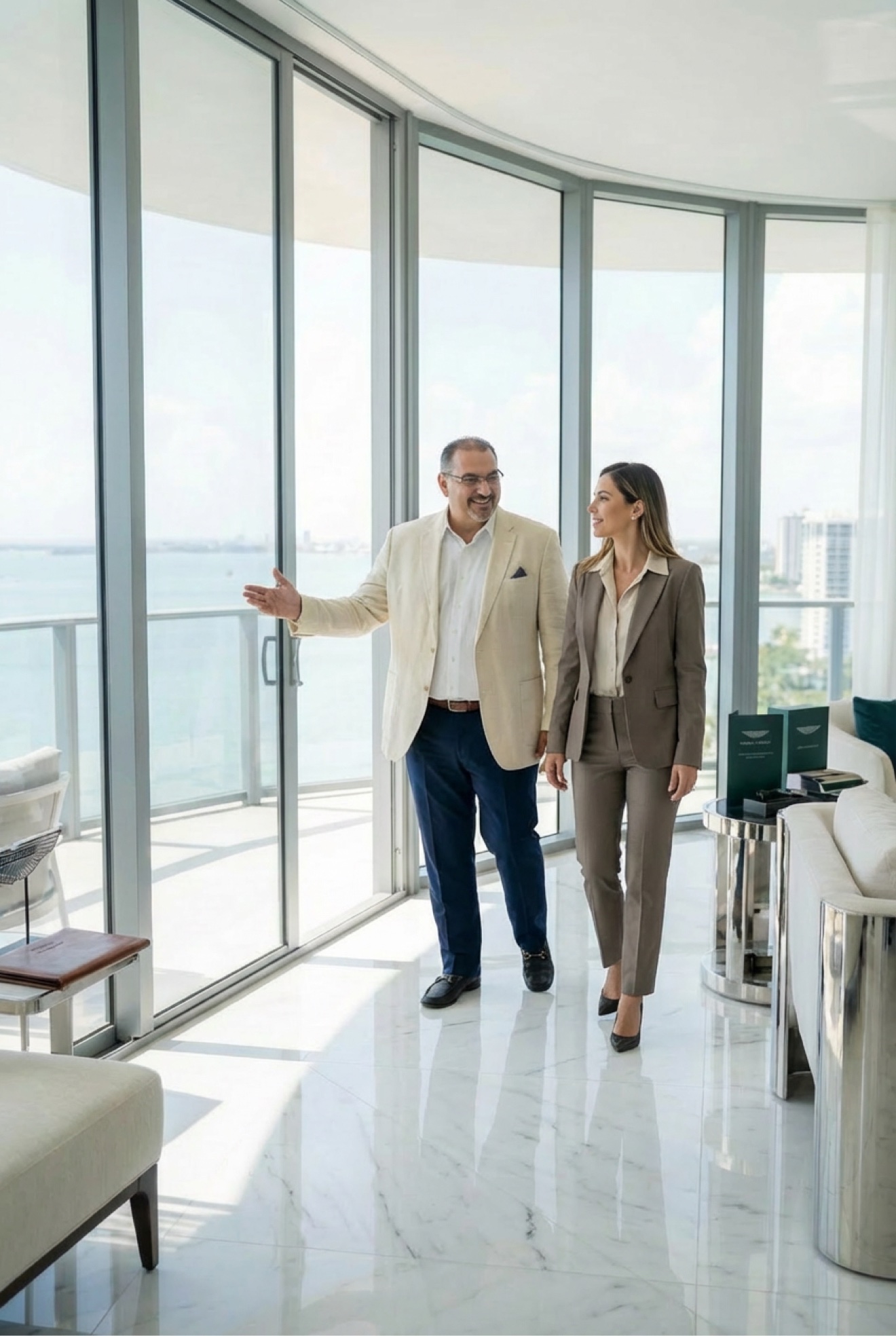 Carmen Salerno guiding a client through a bright contemporary home