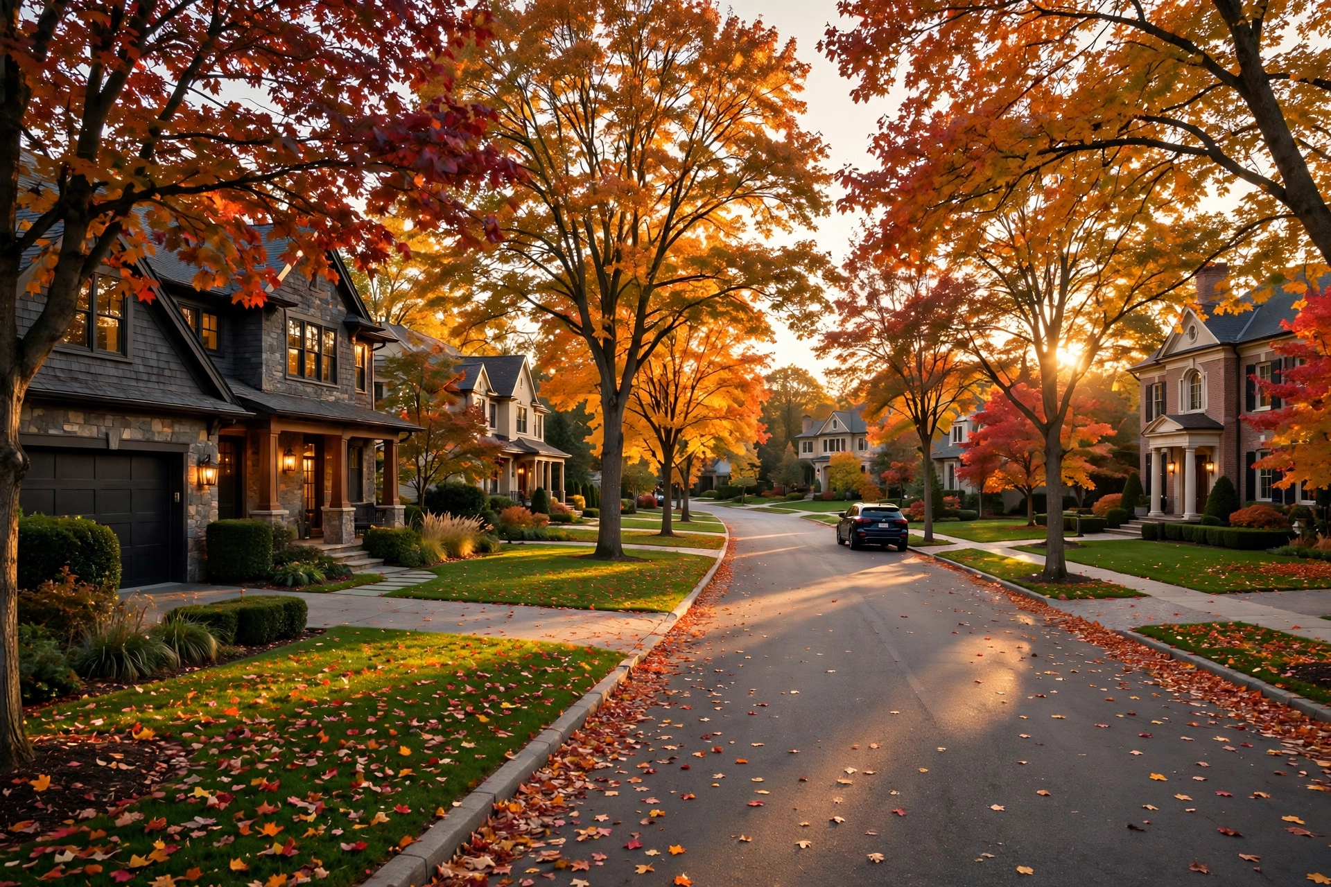 Tree-lined neighborhood in autumn light