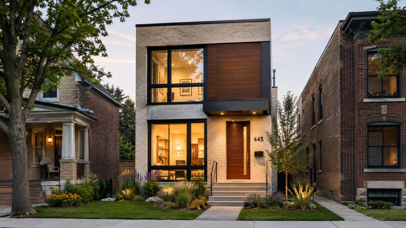 A contemporary modern two-story home in Oak Park, Illinois, featuring brick siding, wood paneling, and large windows.