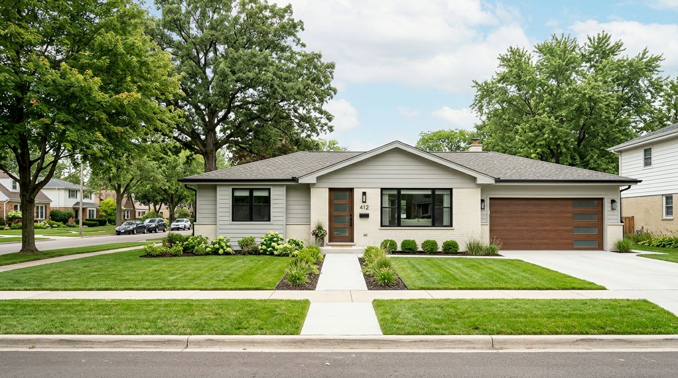 A modern single-story ranch home with a gray exterior, brick accents, and a wooden garage door in Oak Park.