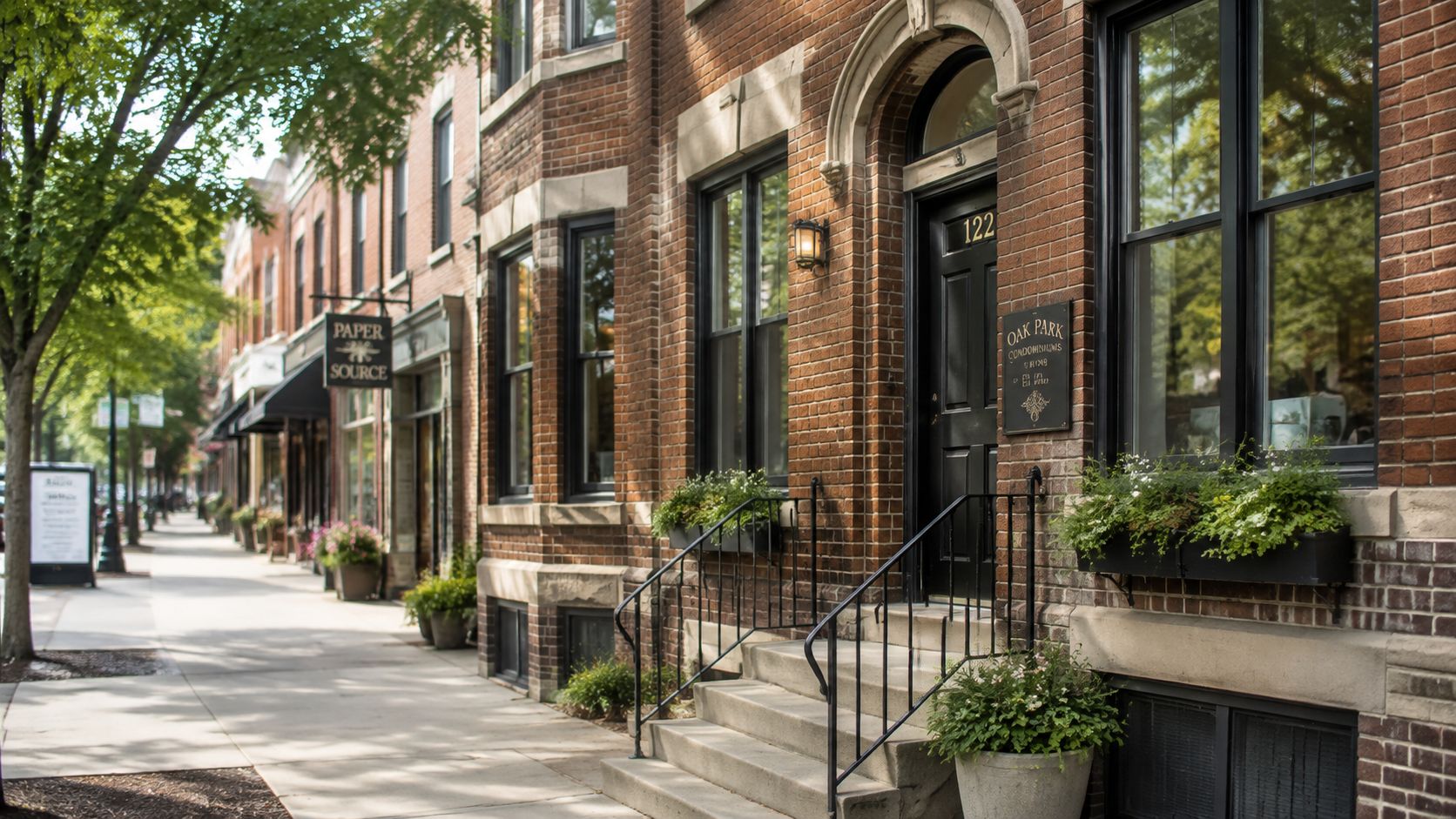A scenic brick sidewalk leading past a row of historic brick buildings in Oak Park, Illinois.