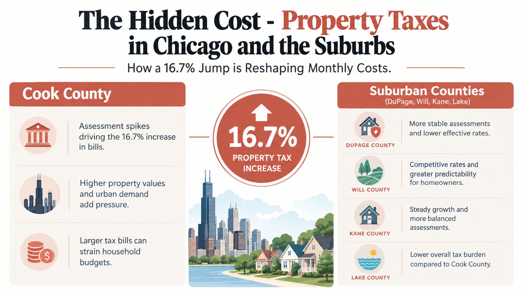An infographic showing the 16.7 percent property tax increase in Chicago, Cook County, and surrounding suburban areas.