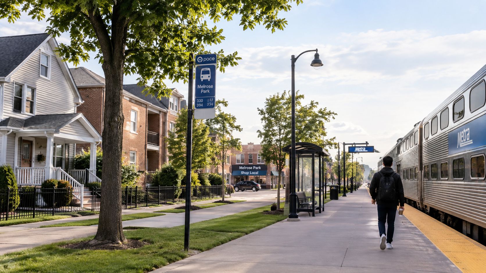 A commuter walking down a train station platform in the Chicago suburbs near residential homes and bus stops.