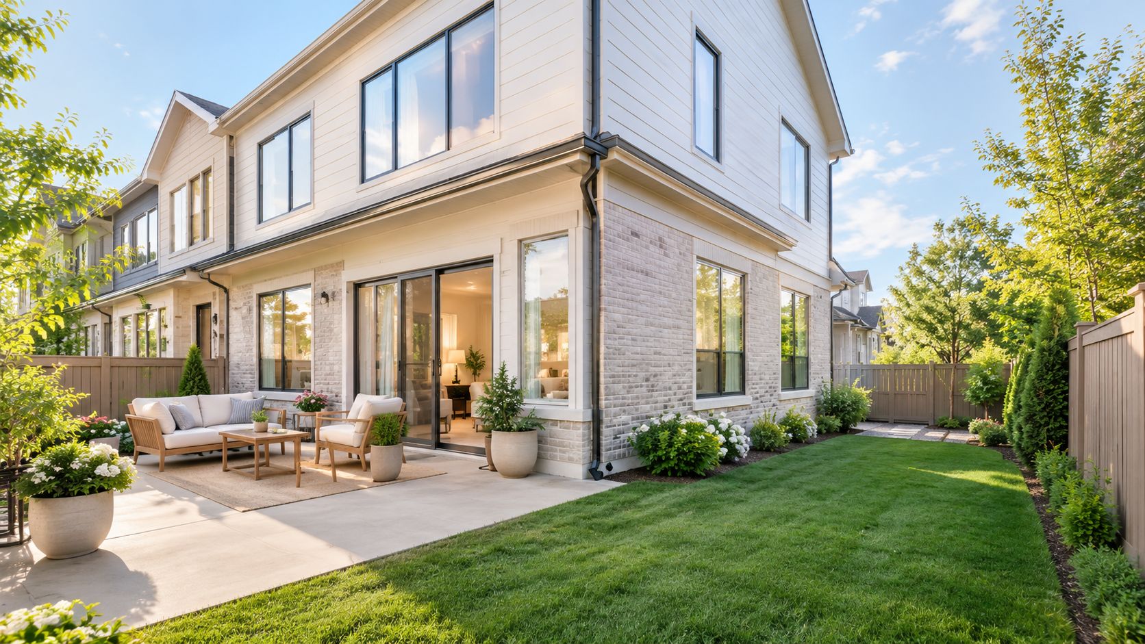 A modern townhouse backyard featuring a patio with outdoor furniture, lush green lawn, and beautiful landscaping.