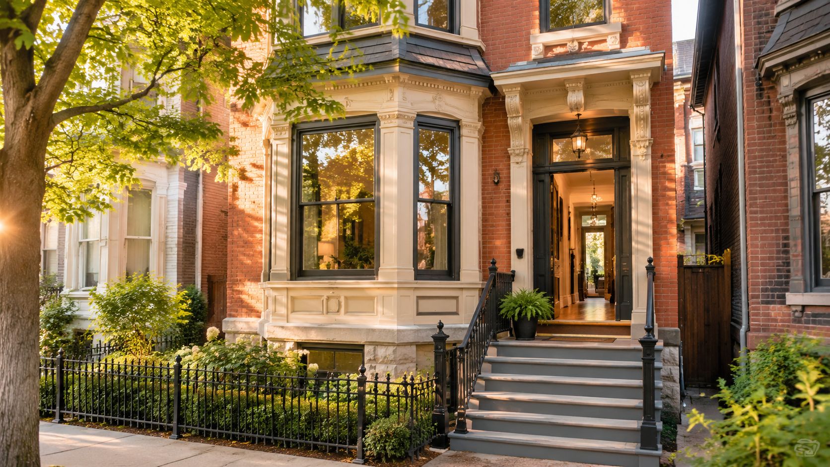 A beautiful brick Victorian townhome with a bay window and welcoming front porch steps in a neighborhood.