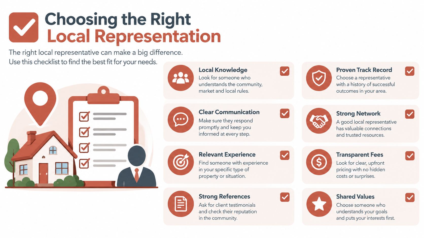 An infographic checklist for selecting the right local real estate representative to help home buyers.