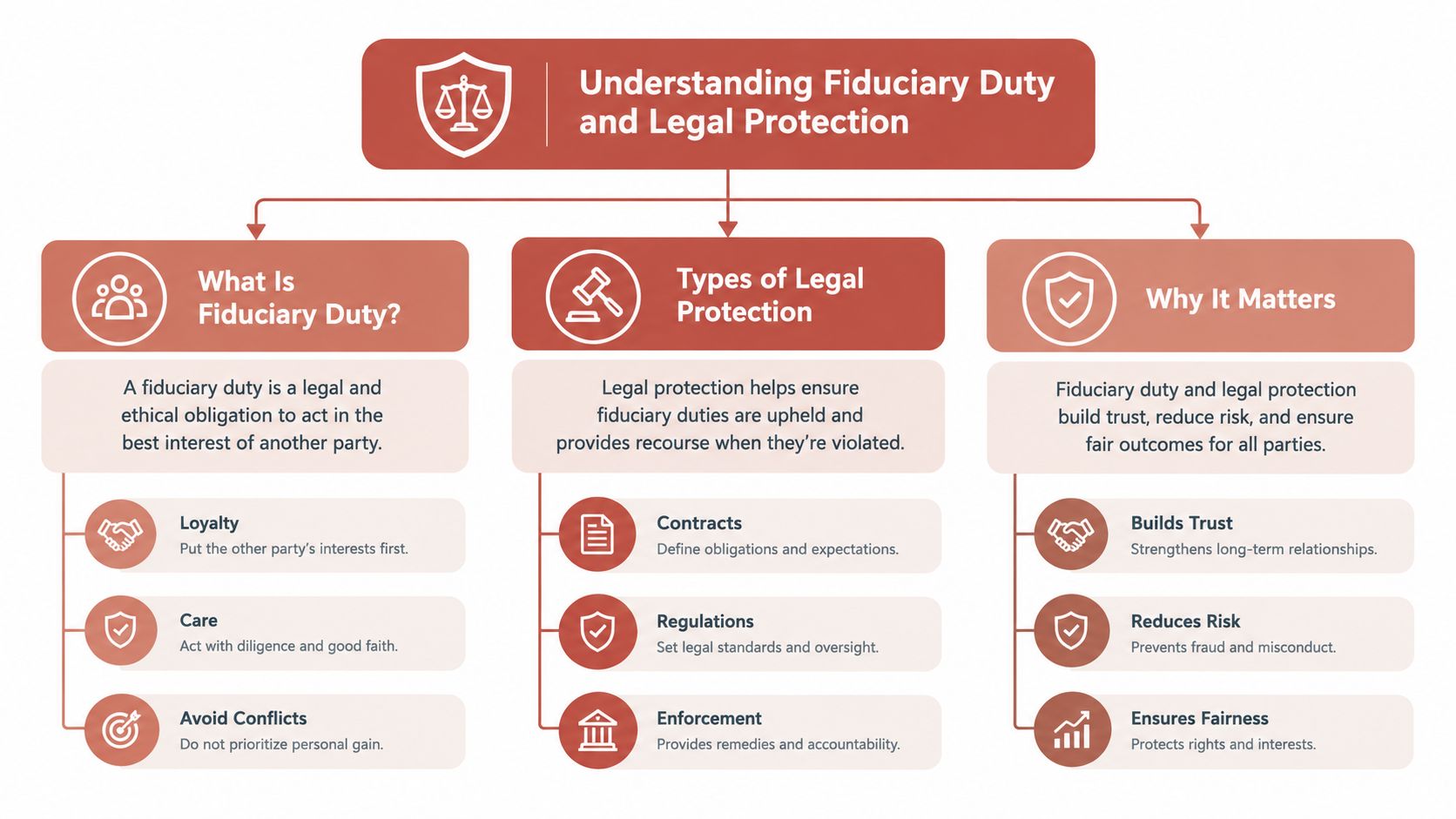 An infographic explaining fiduciary duty, types of legal protection, and why these concepts matter in professional relationships.