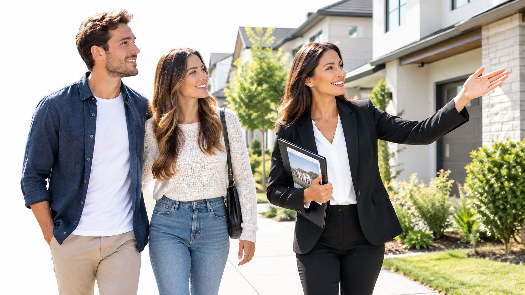 A professional real estate agent pointing out house features to a smiling couple on a neighborhood tour.