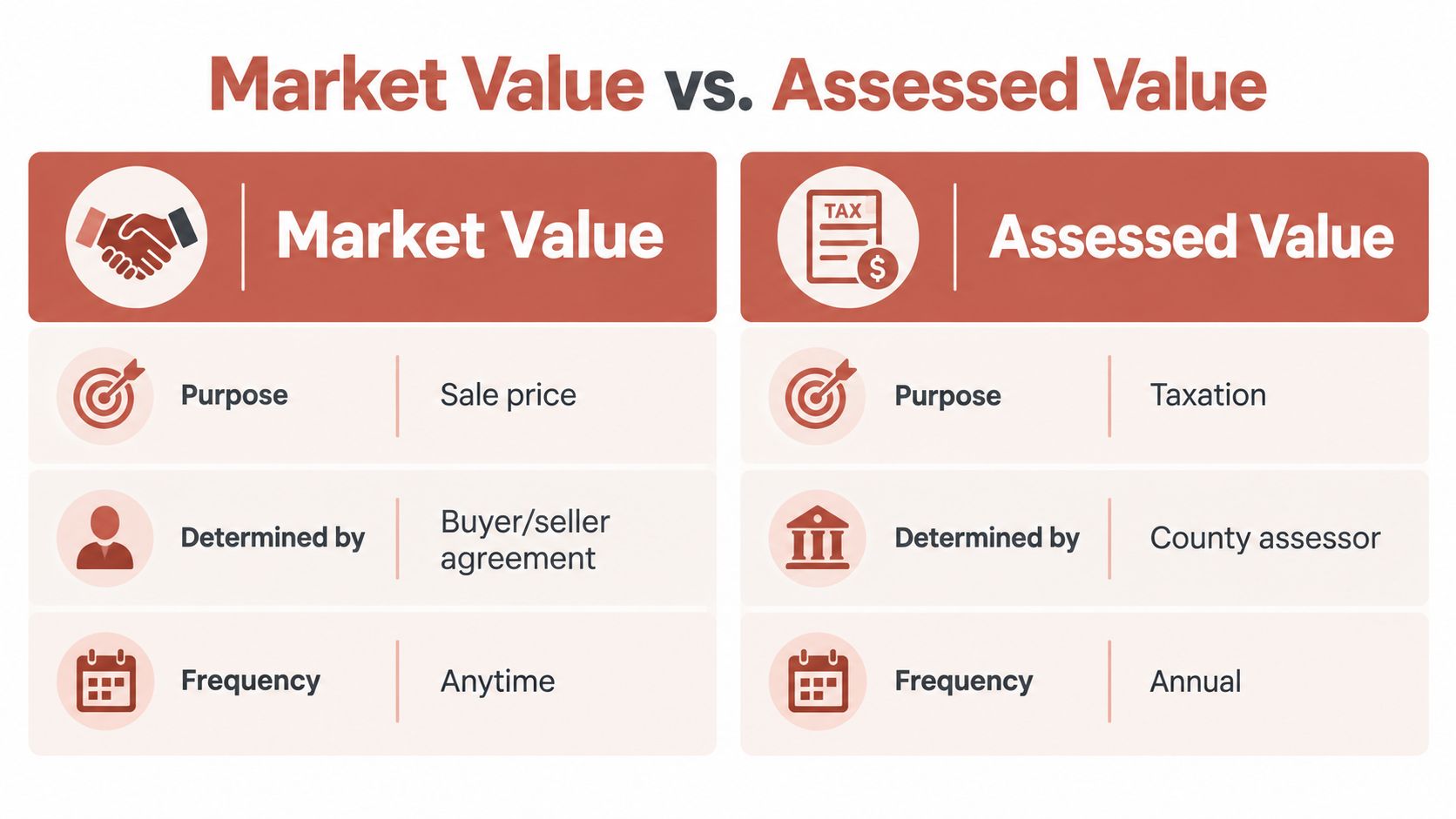 A comparison chart showing the differences between property market value and assessed value for tax purposes.