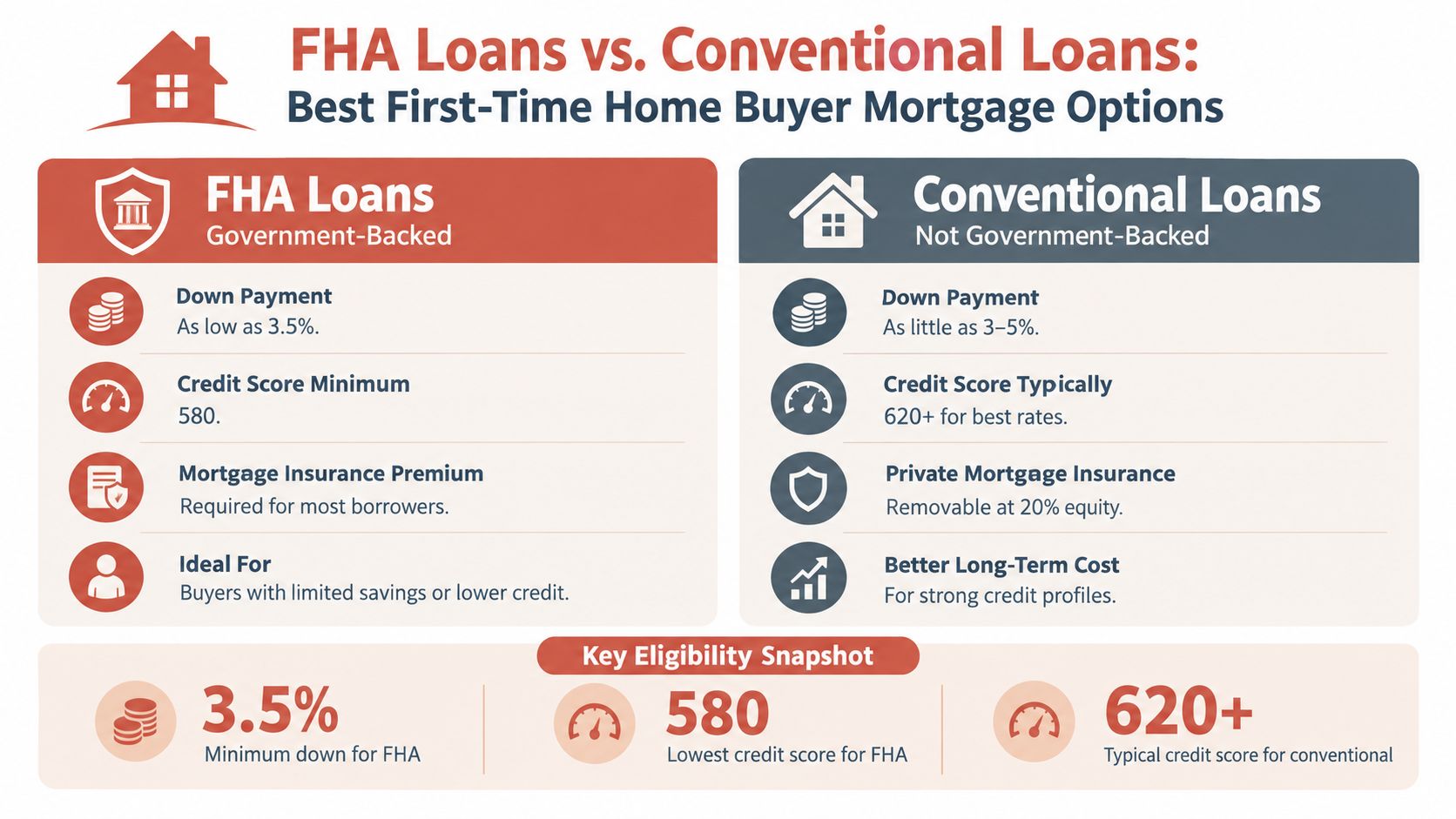 A comparison chart outlining the key differences between FHA and conventional mortgage loans for home buyers.