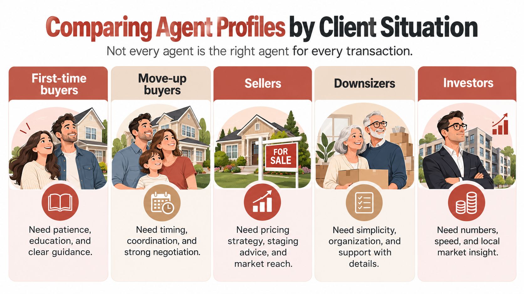 An infographic illustrating different real estate agent profiles tailored to specific client situations like buyers, sellers, and investors.