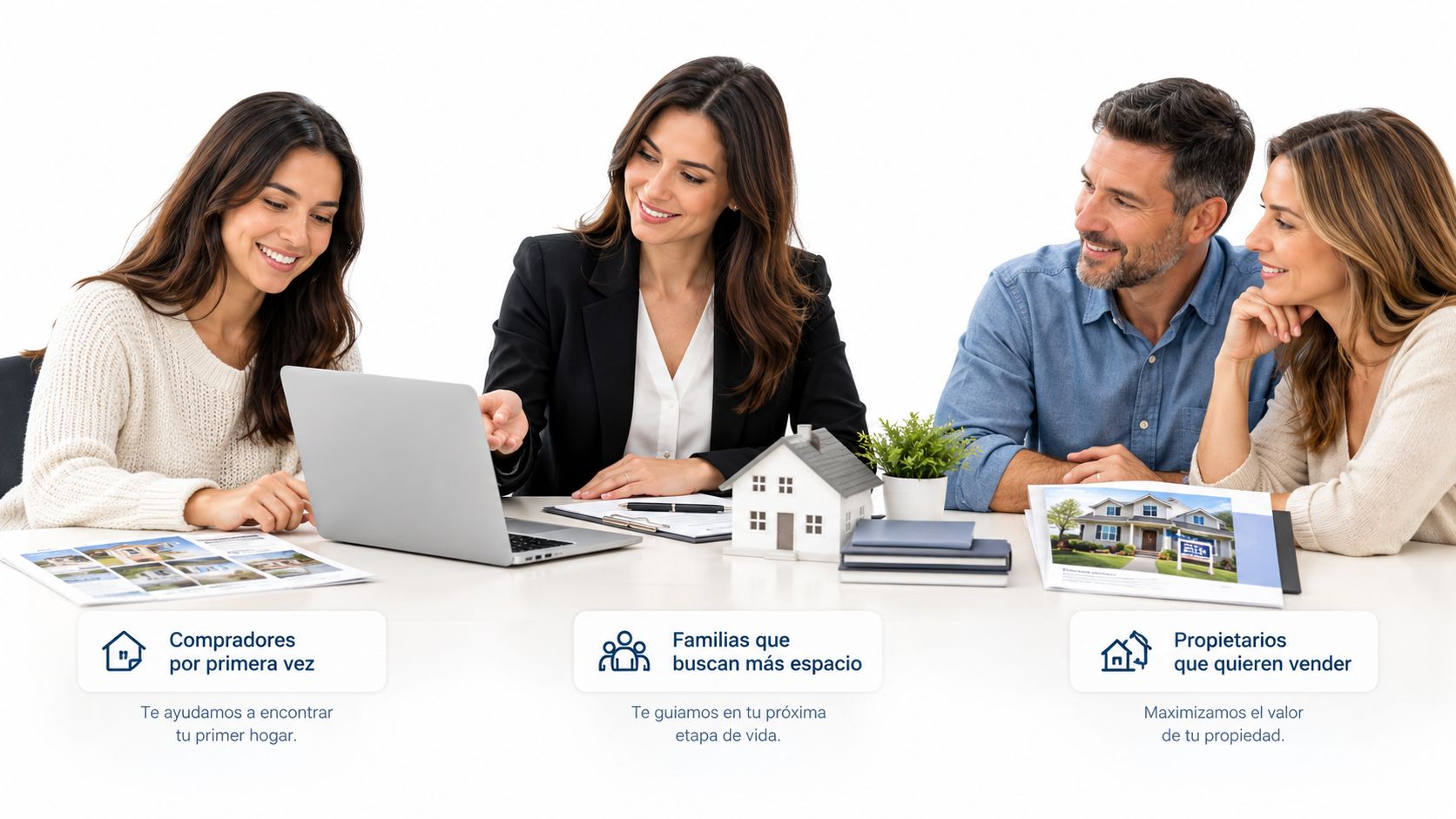 A professional real estate agent discusses home options with a young couple during a consultation meeting.